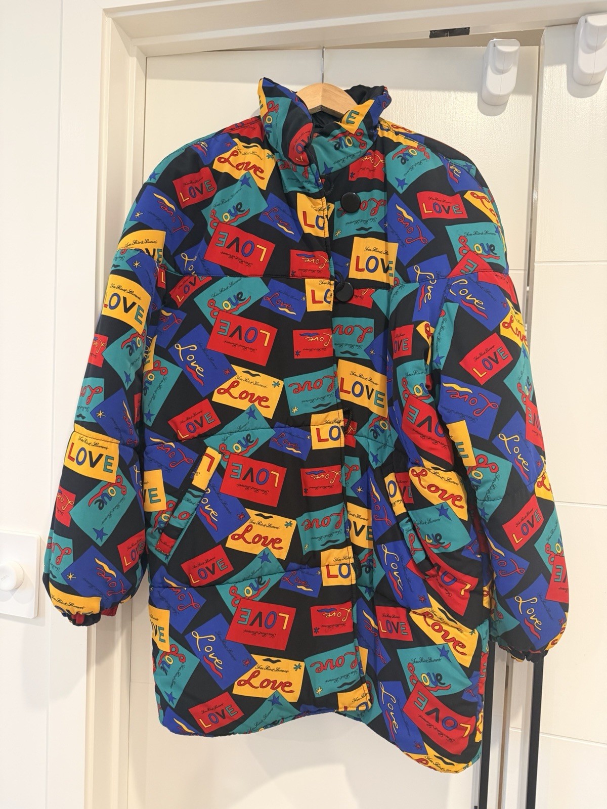 Yves Saint Laurent 1980s Vintage Signed Love Cards Print Reversible Puffer Coat