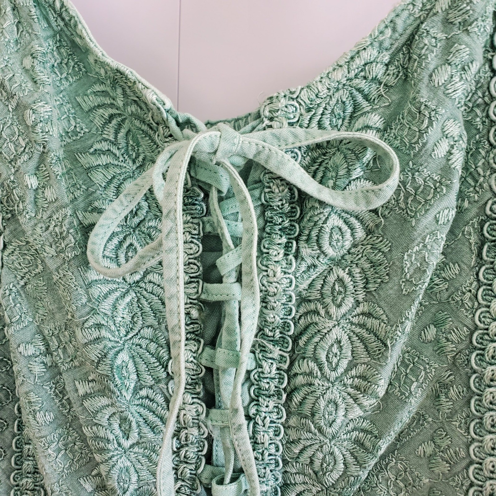Vintage Y2K Boho Sage Green Embroidered Lace Up Cami Corset Top Free Size Hippie