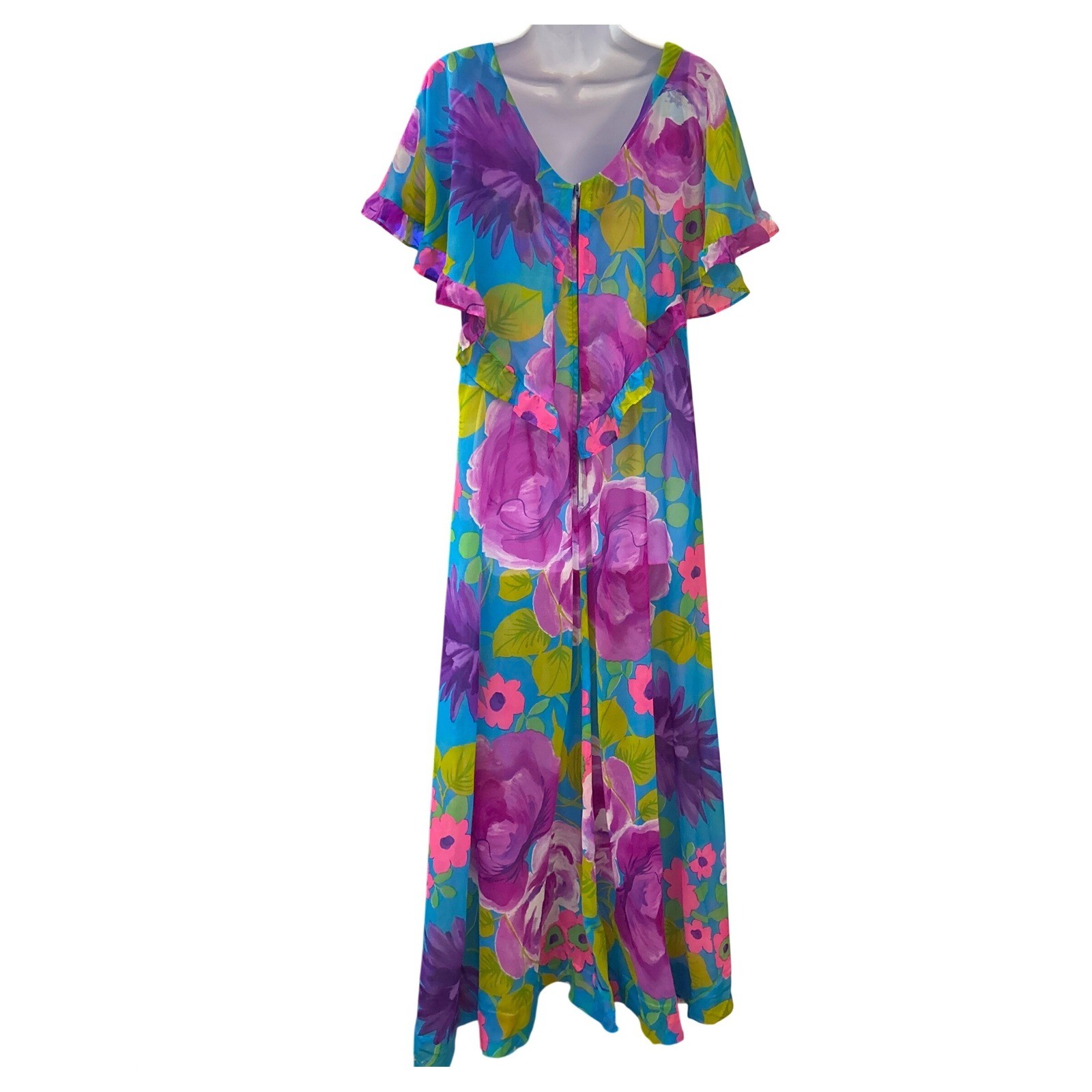 Vintage Sheer Maxi Dress Psychedelic Floral Mod Boho Hippie Flowy Resortcore 70s