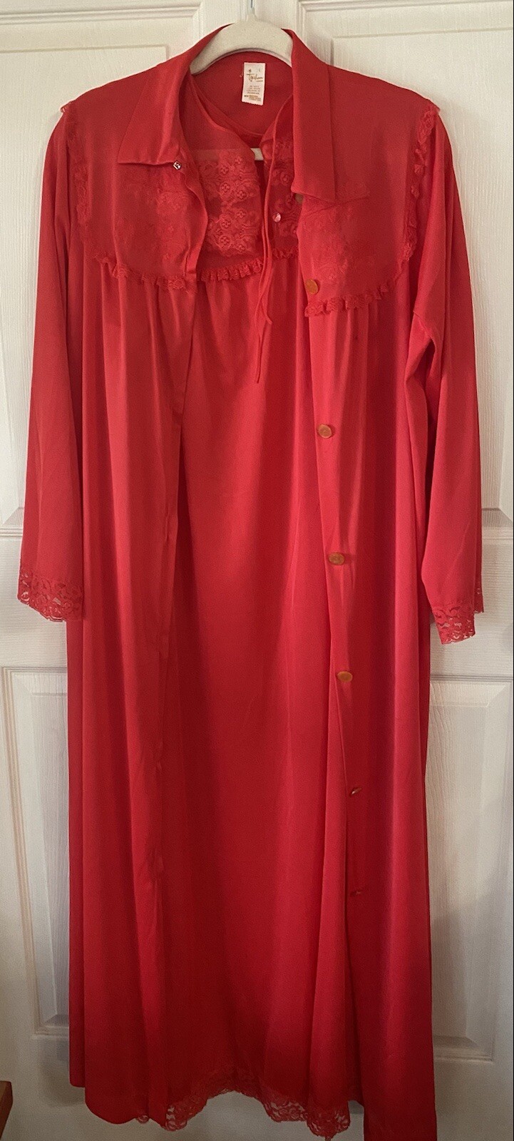 Texsheen Lingerie Red Gown And Robe 100% Nylon Size Large Lace Detail