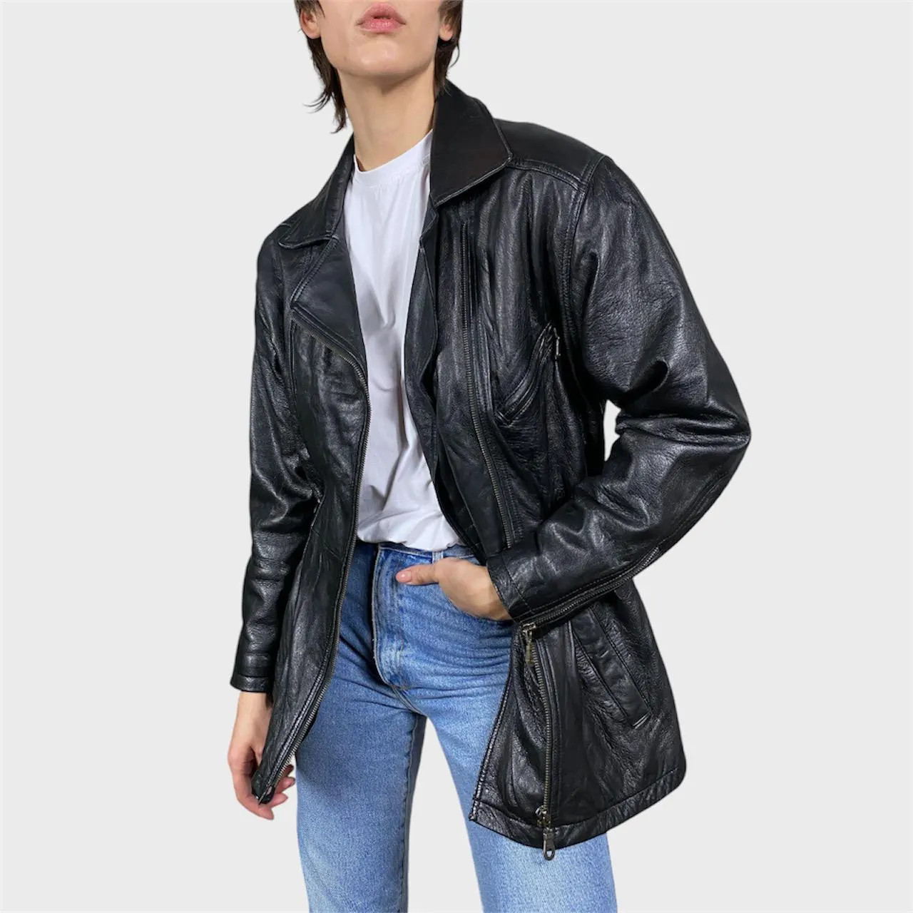 Vintage Black Leather Jacket Moto Biker Style Zipped Jacket Size US8
