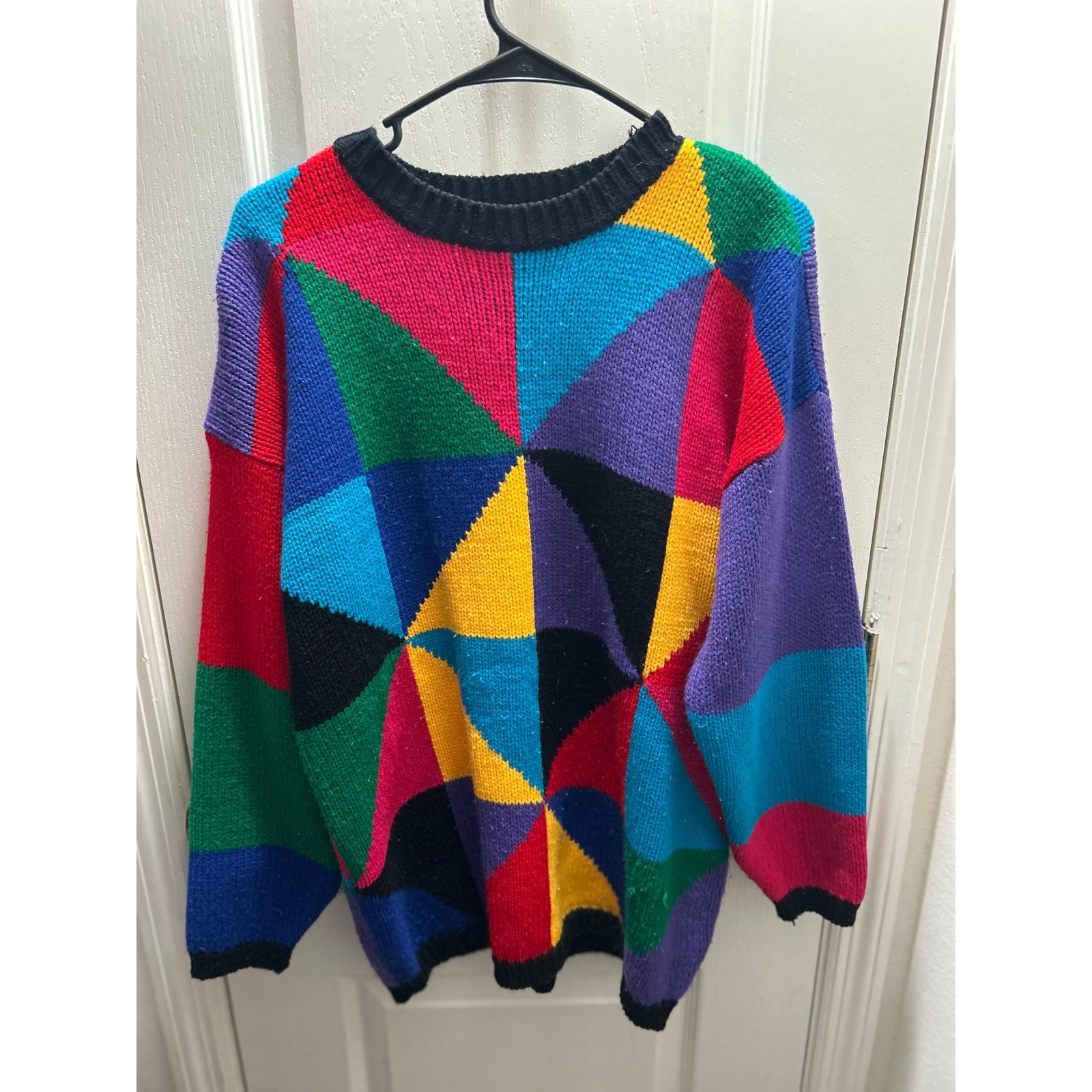 One Step Up Vintage Colorblock Geometric Sweater Women&rsquo;s M 90s Oversized Acrylic