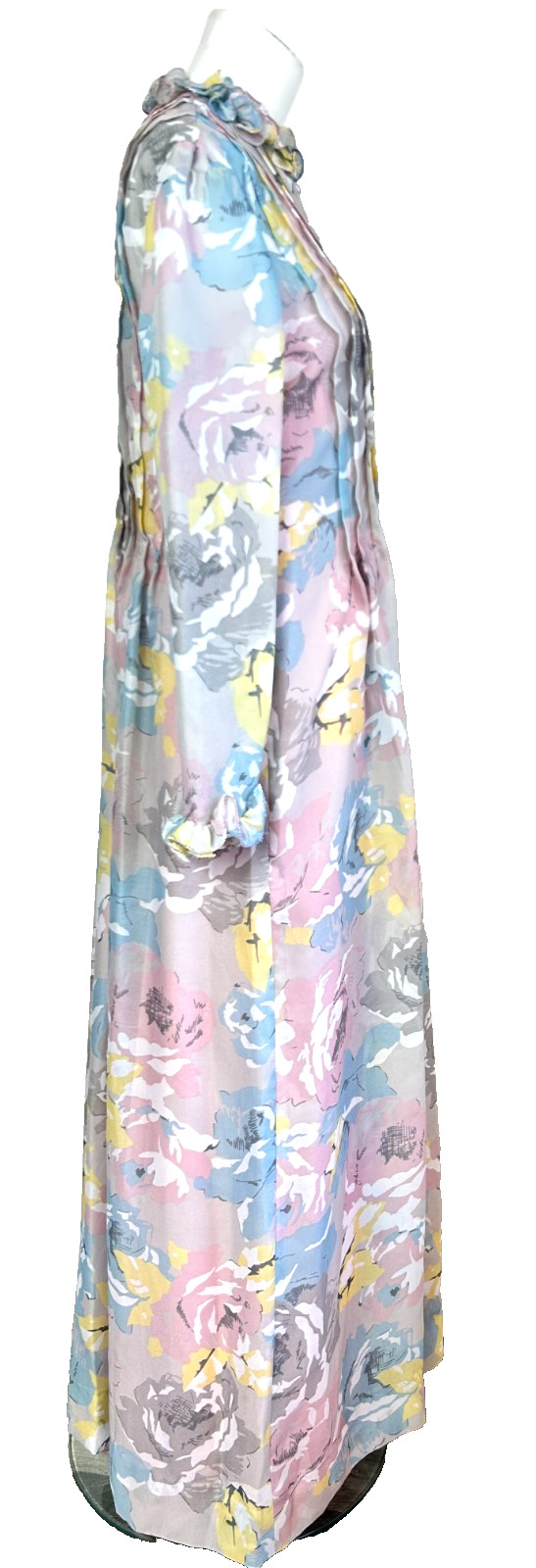 70s Floral Chiffon Hostess Dress Size Large Maxi ButtonUp Pleat Ruffle HighNeck