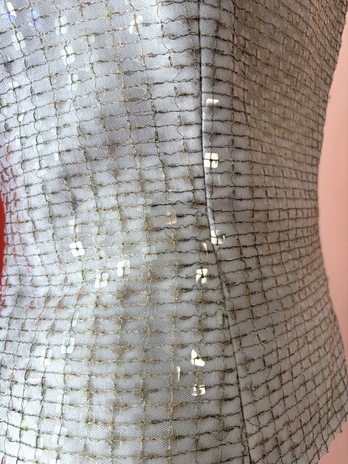VTG 90s Y2K Sequin Silk Square Neck Wide Strap neutral gray Formal Corset top M