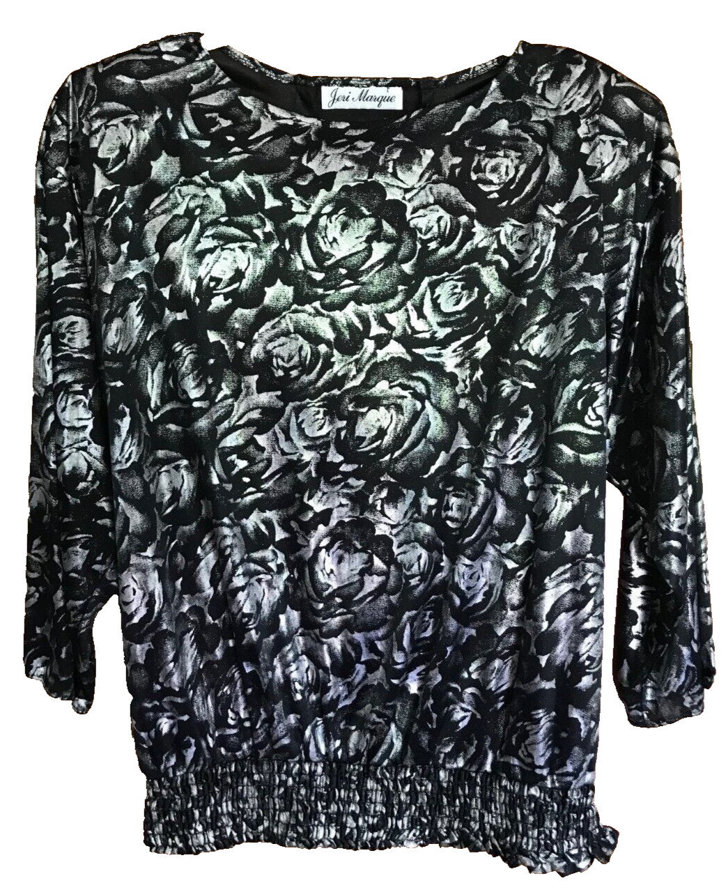 Jeri Marque Metallic Silver Foil Floral Blouson Top Smocked Waist