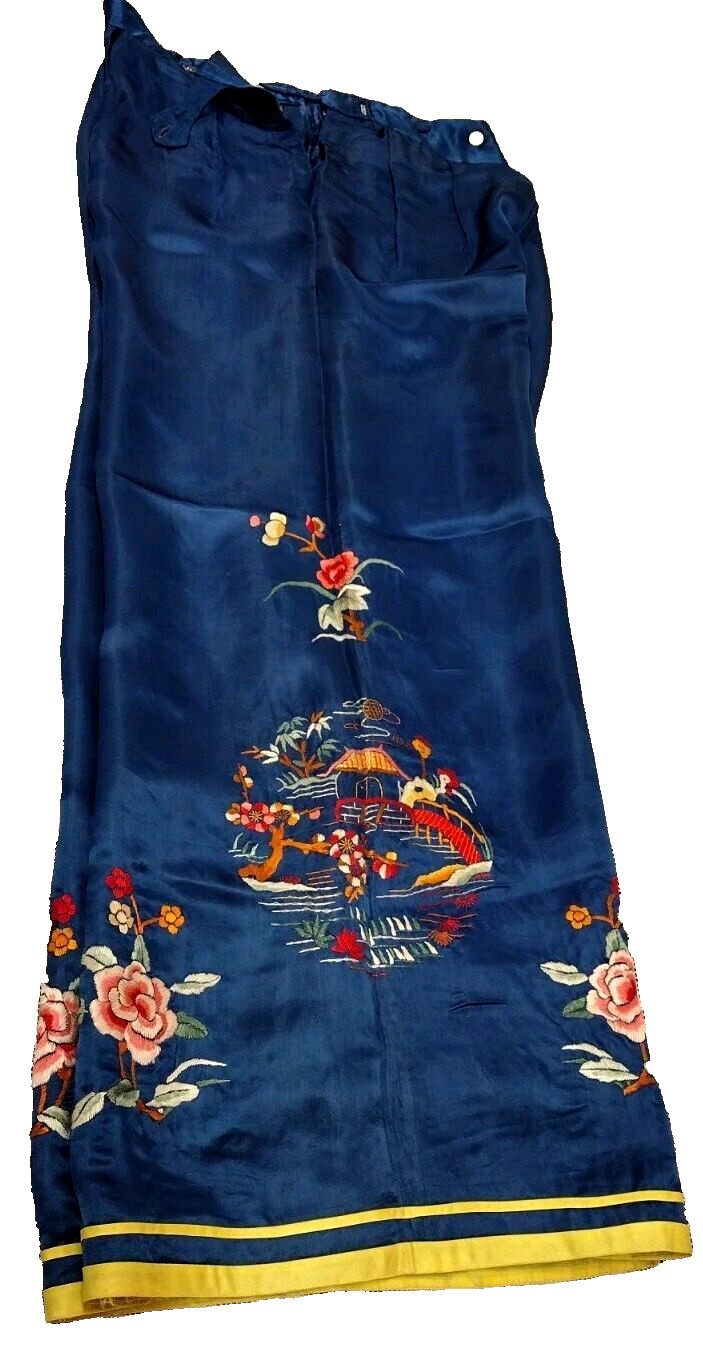 Art Deco Era Chinese Silk Pants 1920s Antique Embroidery Royal Blue High Waist