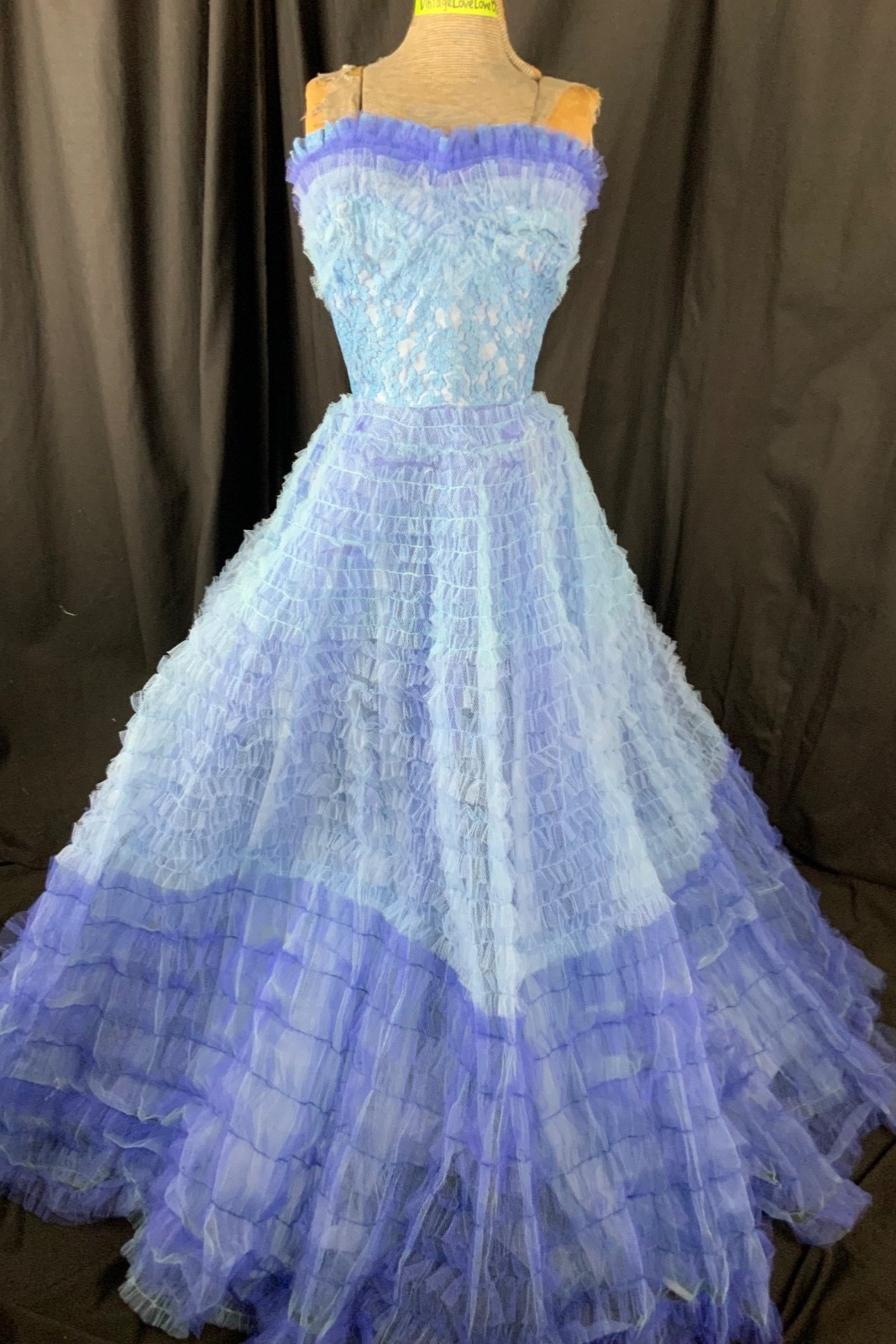Vtg 50s Ombré Blue Ruffle Lace Strapless Party Ball Gown Dress-Bust 30/2XS