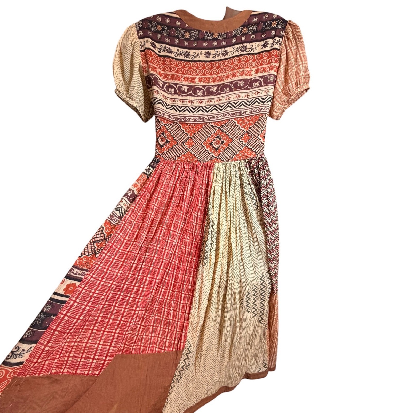 Vintage St Tropez India Patchwork Cotton Peasant Babydoll Midi Dress L Boho