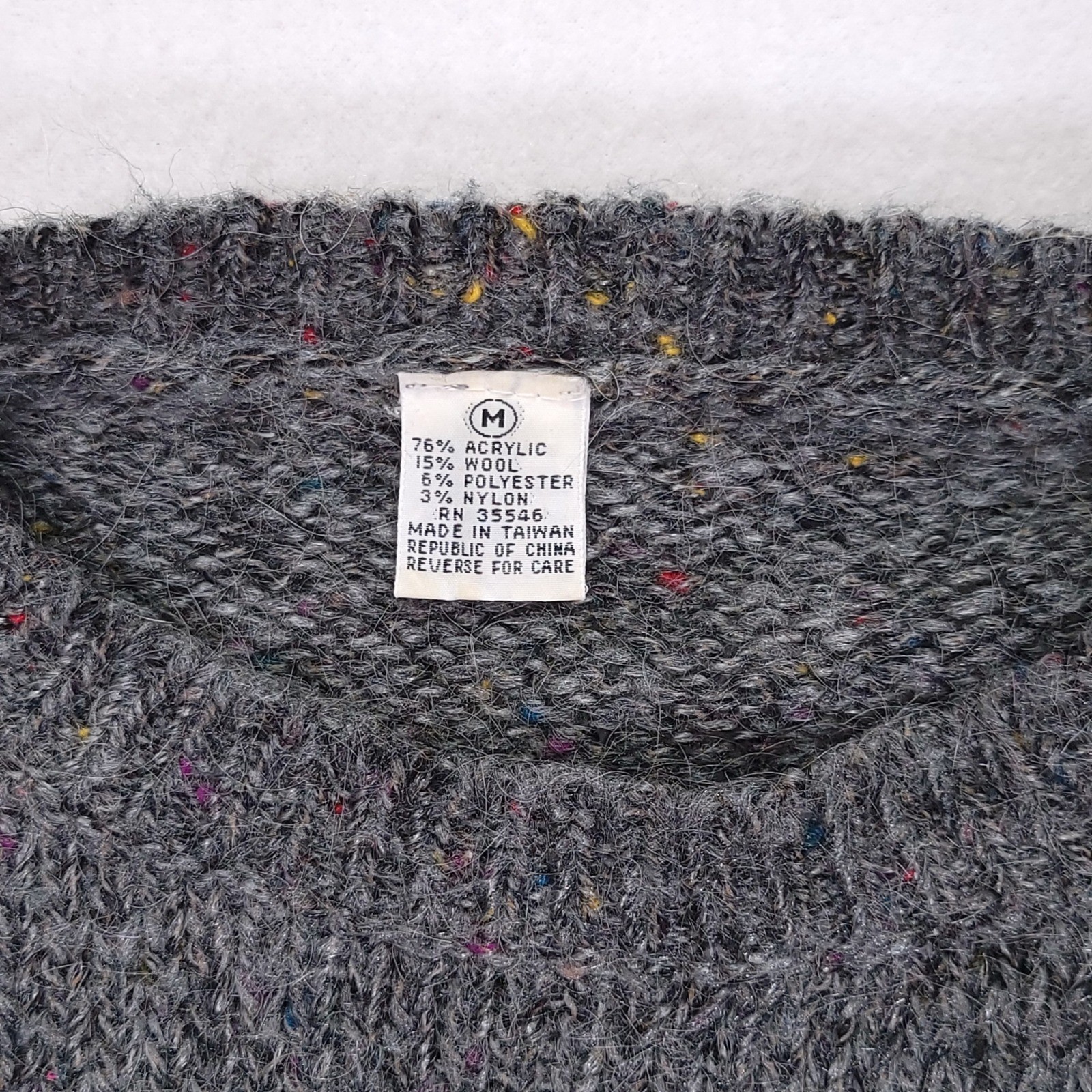 Vintage Gray Speckled Wool Blend Knit Sweater Shoulder Button Puff Sleeve Medium