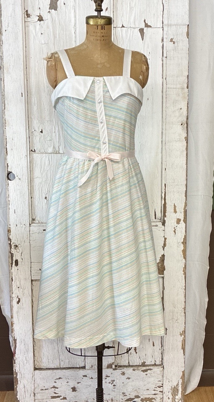 Vintage 70s Cotton Seersucker Stripe Summer Dress Size Med