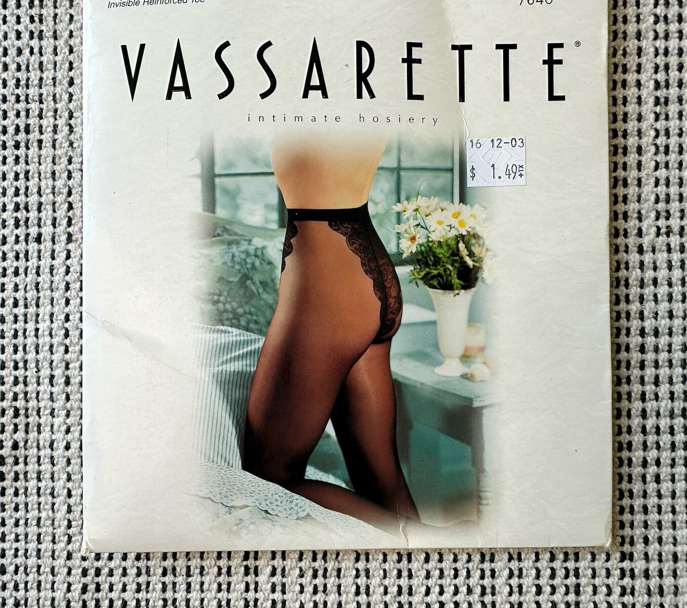 Vassarette Intimate Hosiery SM Off Black 7640 Floral Lace Hi Cut Panty Sheer Leg