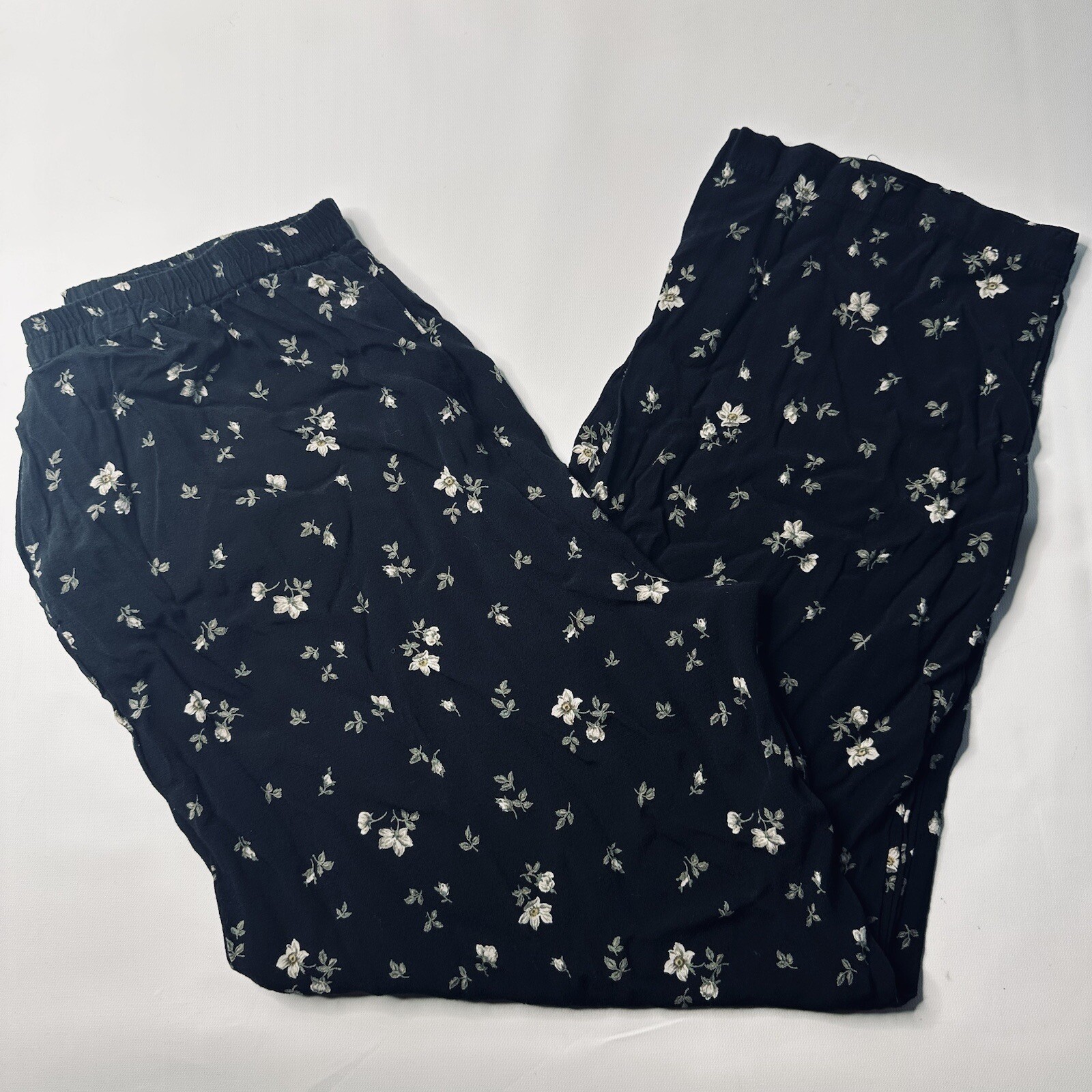 VTG 80s 90s Jones Wear Sport Black Boho Pants, White Floral Print, Pockets L