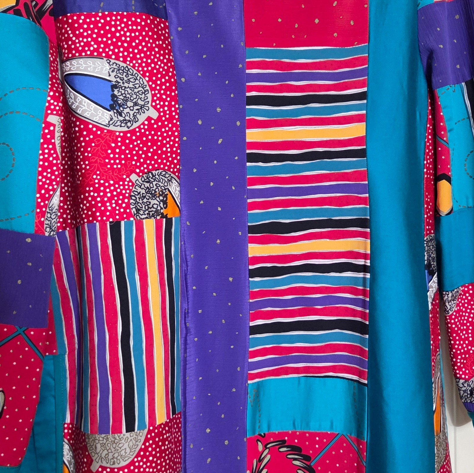 1980s JEANNE MARC Bright Teal Multi Print Patchwork Jacket Duster Coat M 12/14