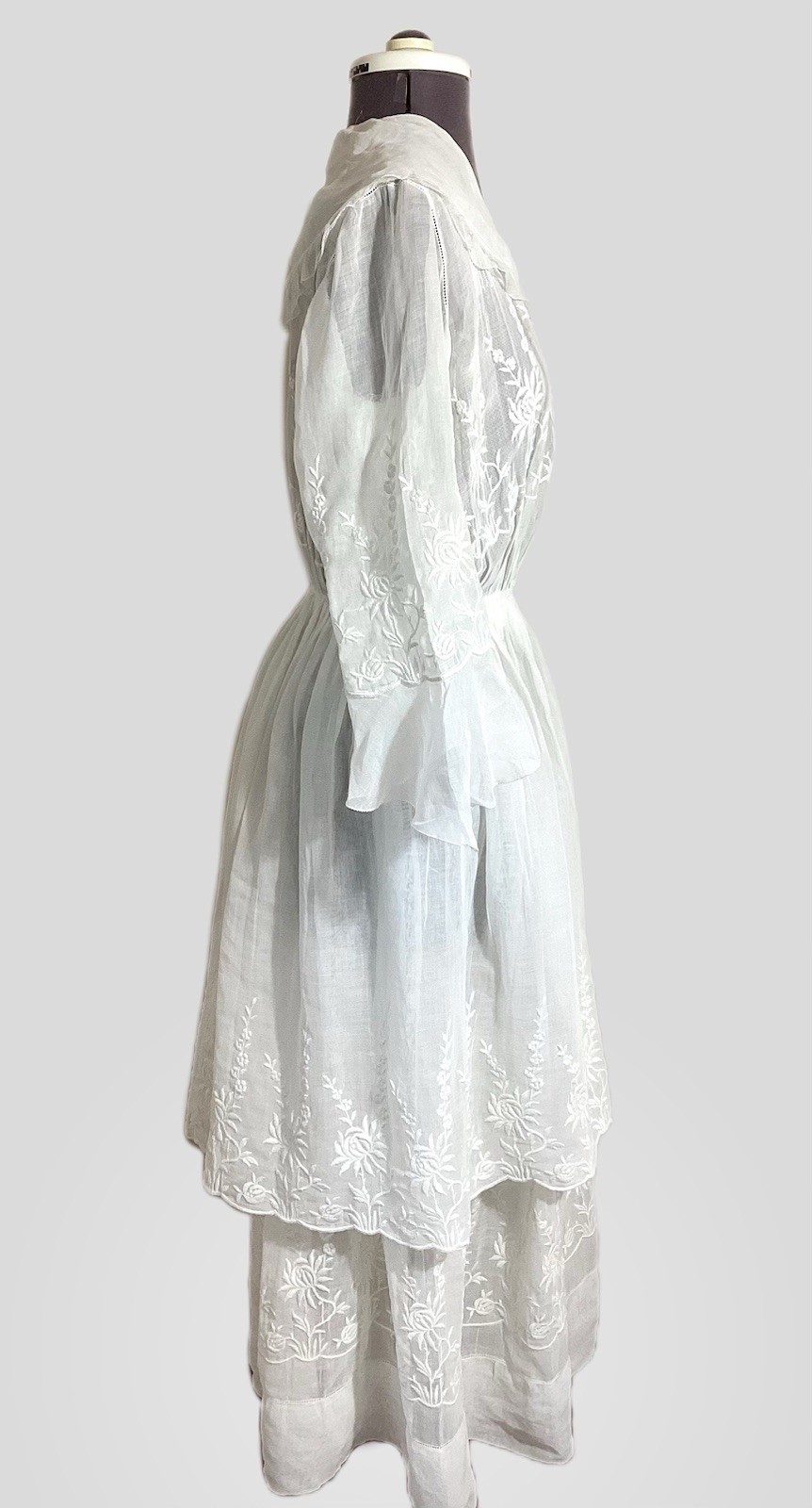 Edwardian 1910s Cotton Gauze Tea Gown Tiered Summer Dress Embroidery Mesh Ruffle