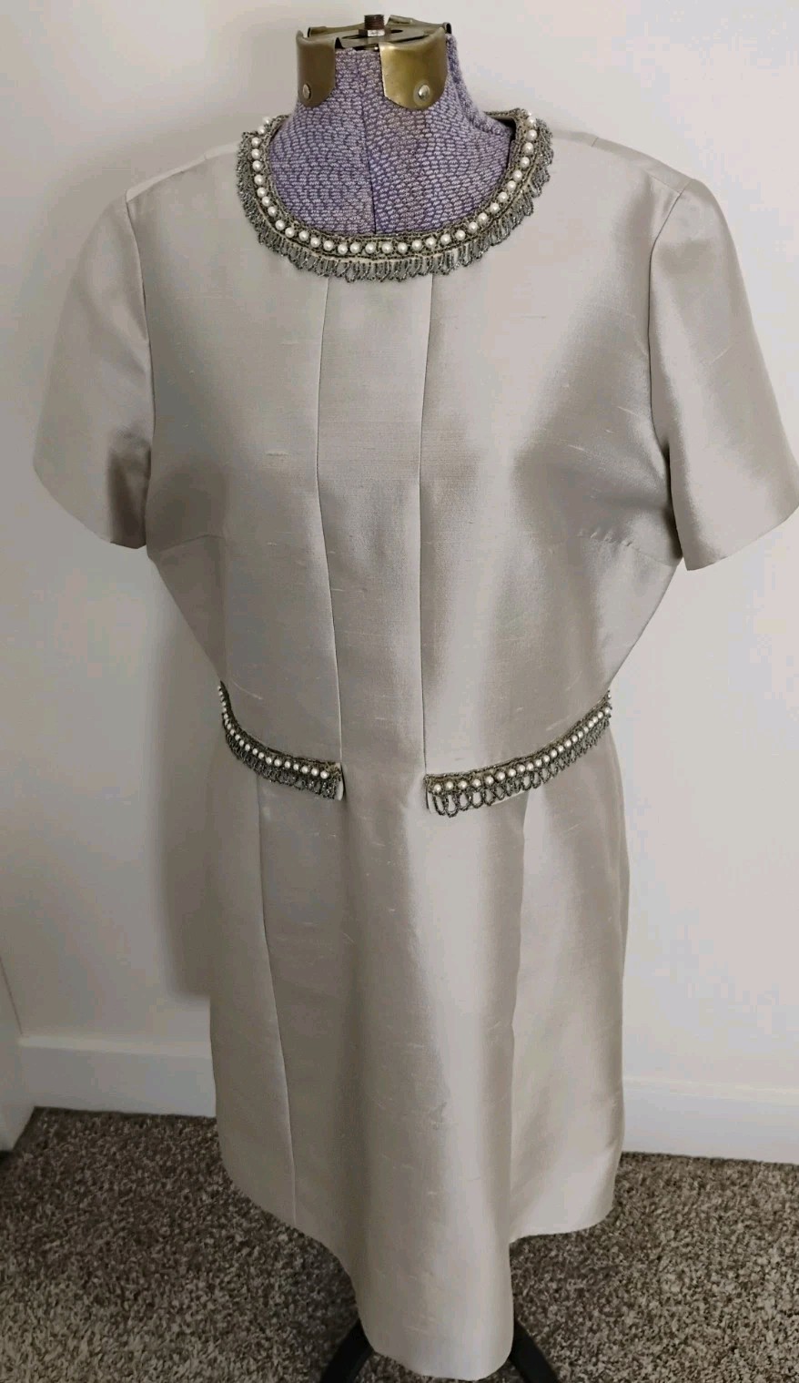 Vtg 1950&rsquo;s Cocktail Dress Women&rsquo;s Silver Embellished Madmen Elegant Silk 12/14