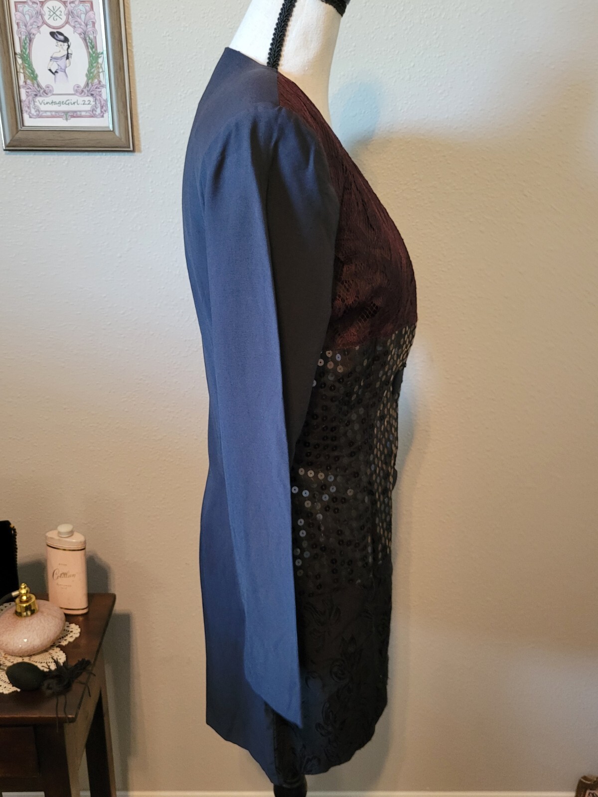 80s/90s Vintage Jacket Black Lace & Sequin Buttonup, By TARAZZIA, Size 5 Small