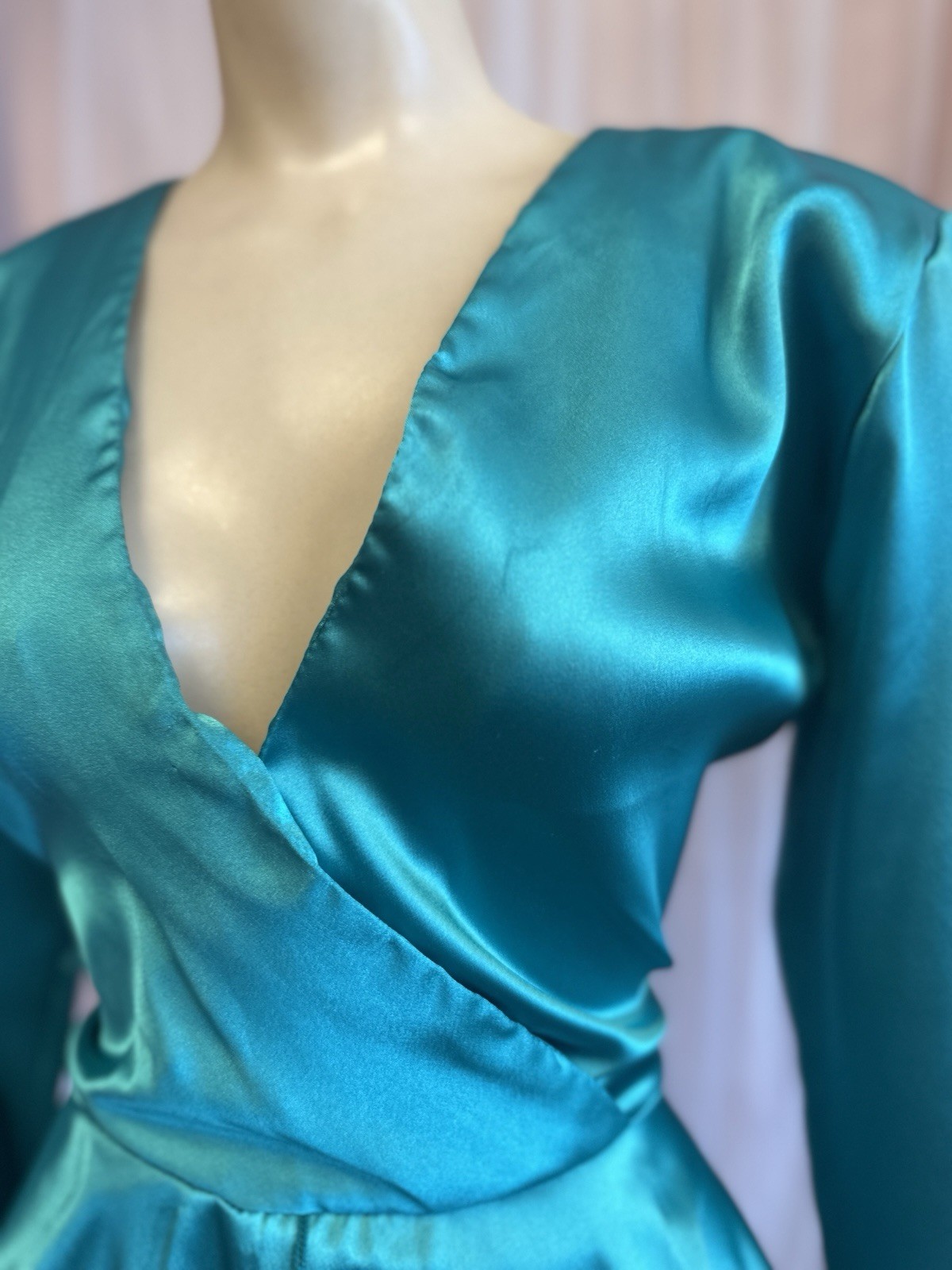 Vintage 80s Green Liquid Satin Peplum Dress New Wave V Neck Cocktail L