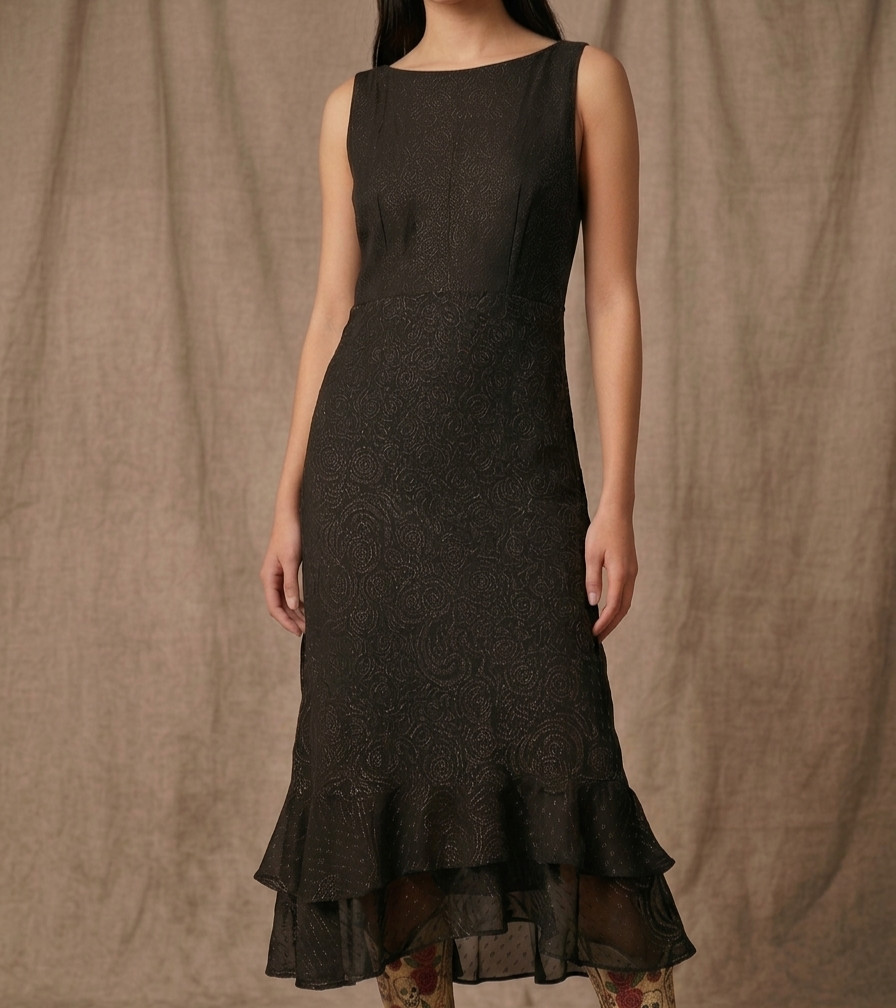 90s Whimsigoth Bias Tier Devoré Dress Bronze Metallic Handkerchief Hem Fairy ~ S
