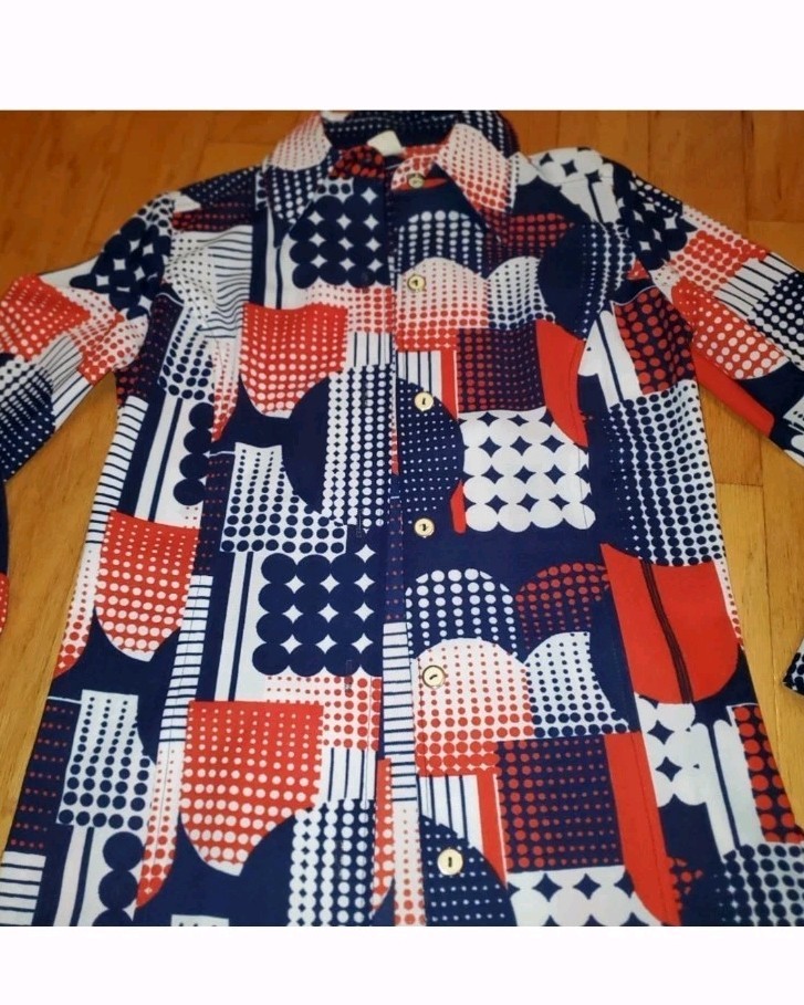 Vtg 70&rsquo;S Mod Geometric McM Twinset Long Sleeve Polyester Retro Red White Blue