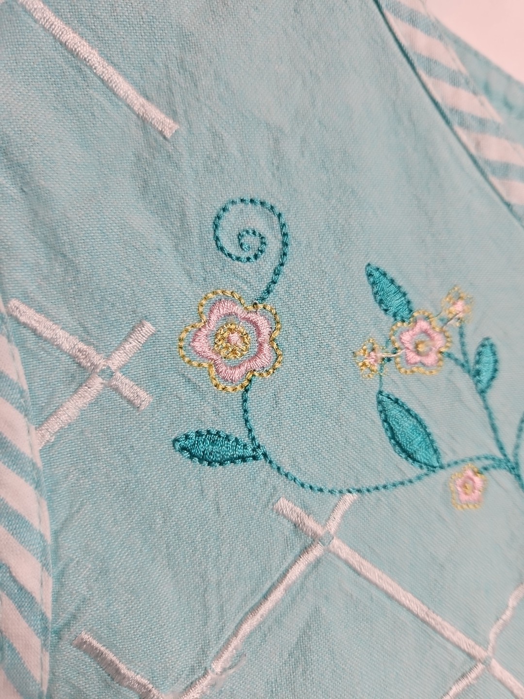 Vintage Embroidered Light Blue Striped Muumuu House Dresses Size Med