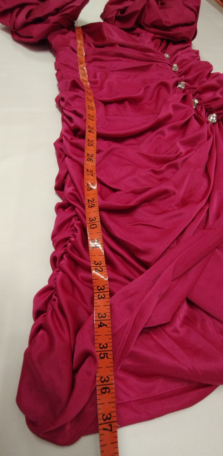 1980s Couture Dress Pink Fuchsia Balloon Sleeve Rhinestone Buttons SAMIR 80s M