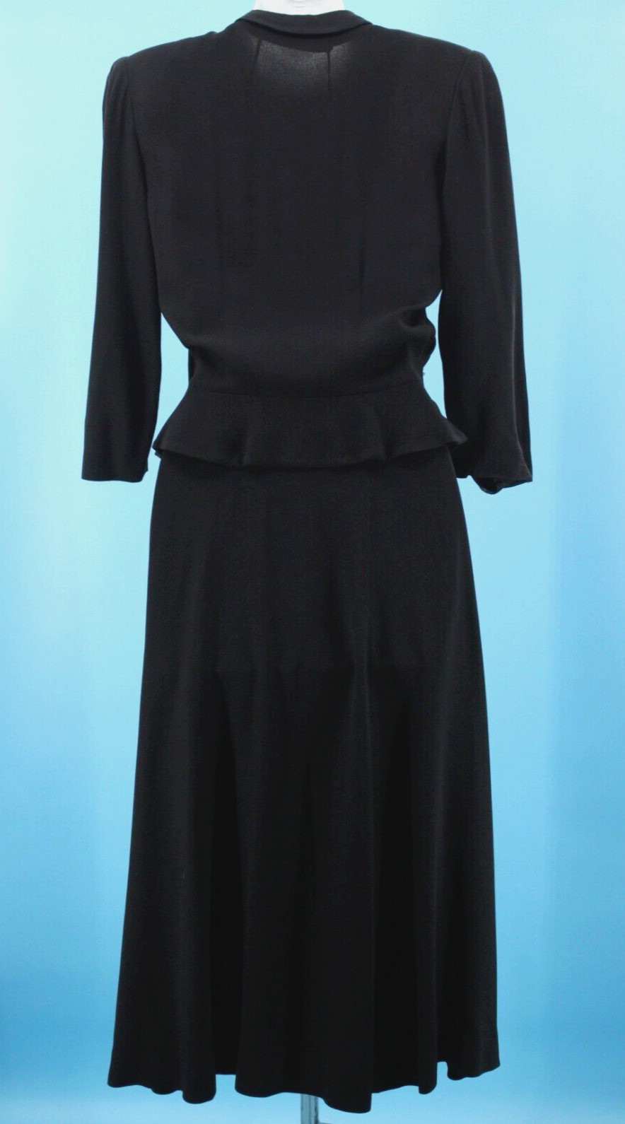 Vtg Women&rsquo;s 40s Black & Teal Trim Shirtwaist Dress W/ Peplum XS/S 1940s