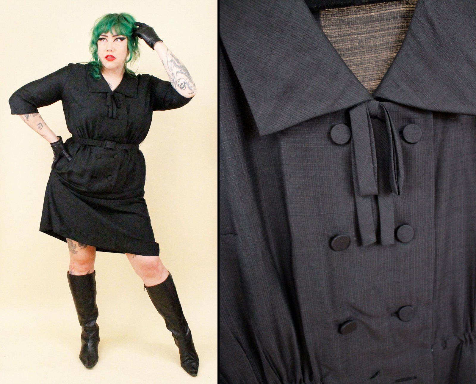 1950s Vtg Black Plus Size Volup Collared Sailor Button Dress Goth Pin Up 1X B48&Prime;