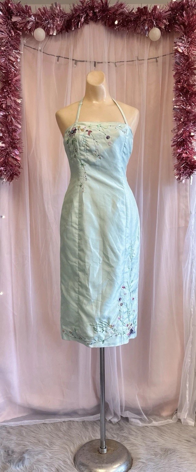 Vintage Y2K 2000s Halter Beaded Mini Dress Blue Open Back Strapless XS