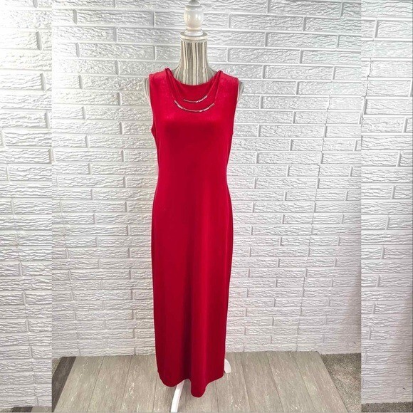 Vintage 90s Scarlett 2000 Red Velvet Maxi Dress Silver Necklace Accent Sz 13/14