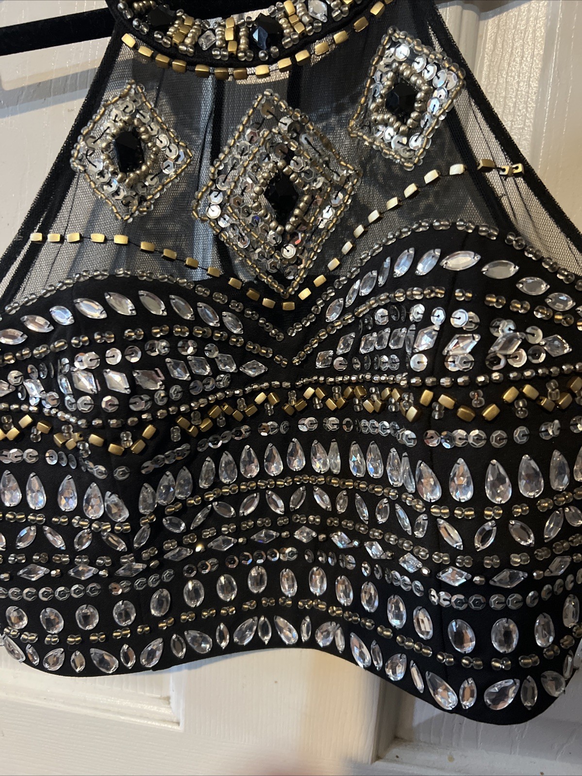 Retro Vintage Y2k 90 Black Sequin Beaded Top 11 Mesh Cropped Goth Bling festival