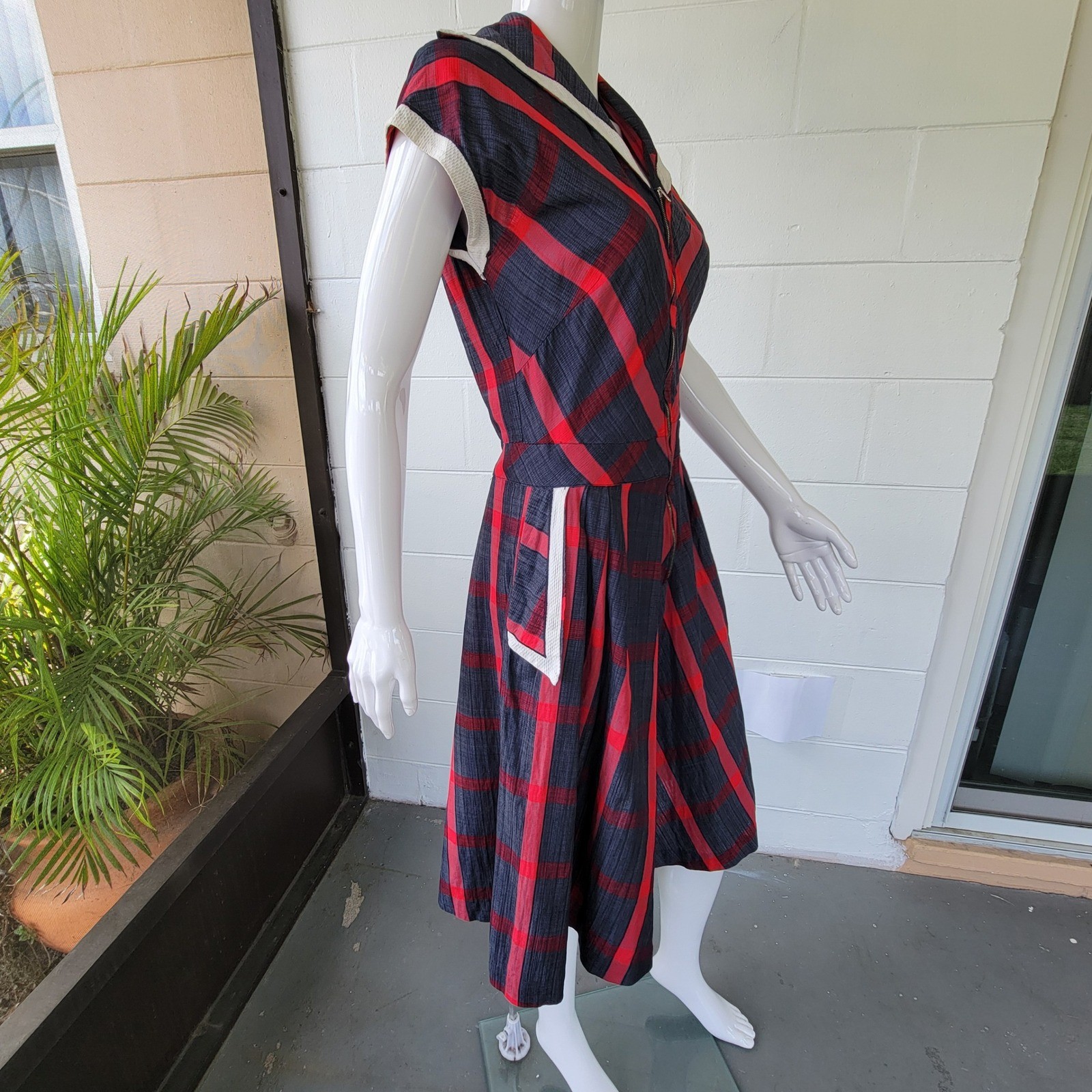 Vintage 50s Toni Todd Plaid Sailor Dress Red Grey Women&rsquo;s M Rockabilly