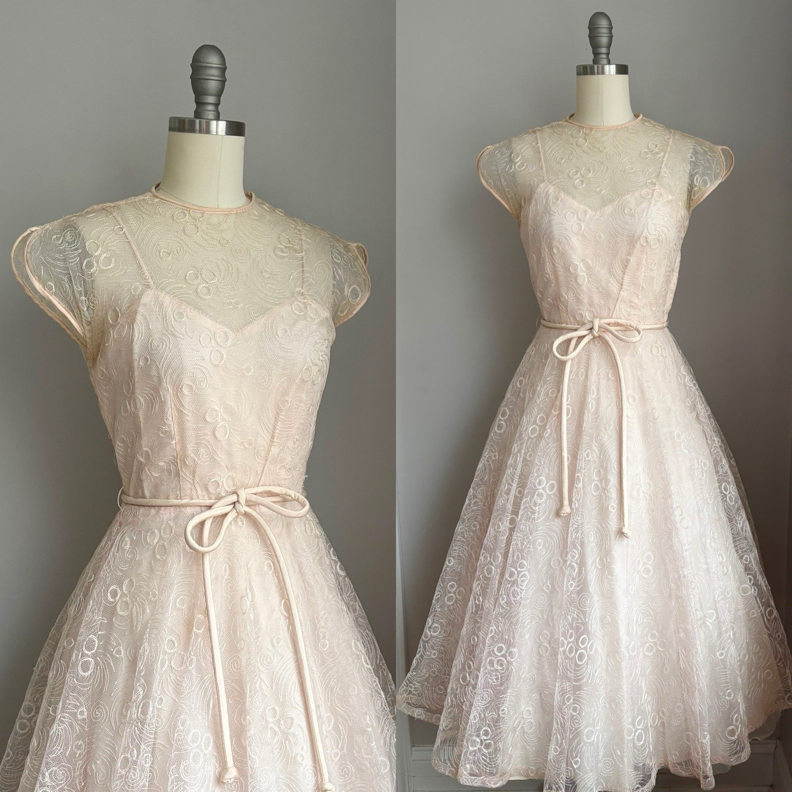 Vintage 1950’s Pale Champagne Pink Embroidered Tulle Lace Party Dress XS