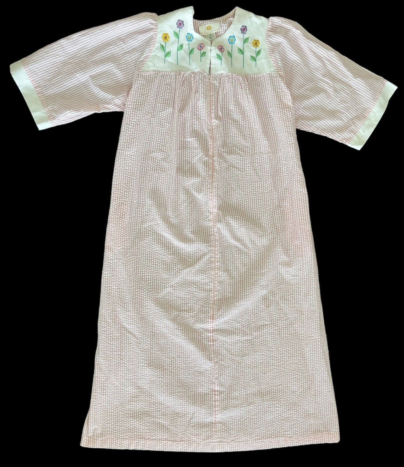 Vintage Stan Herman Caftan House Dress Embroidered Flowers Seersucker Pink White