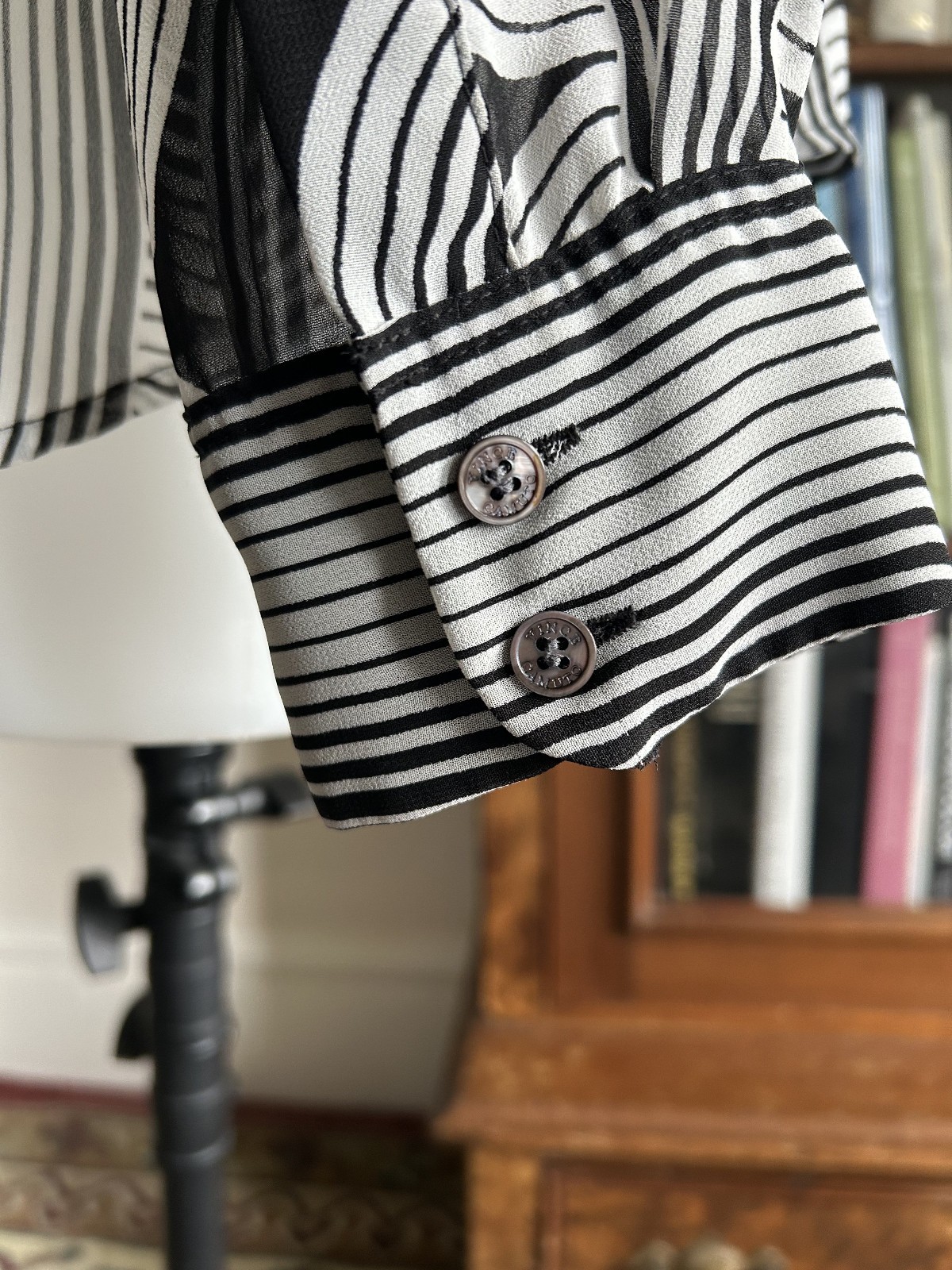Vintage 1990s Y2k Sheer Black & White Op Art Button Up Blouse Deco Raver Med Lg