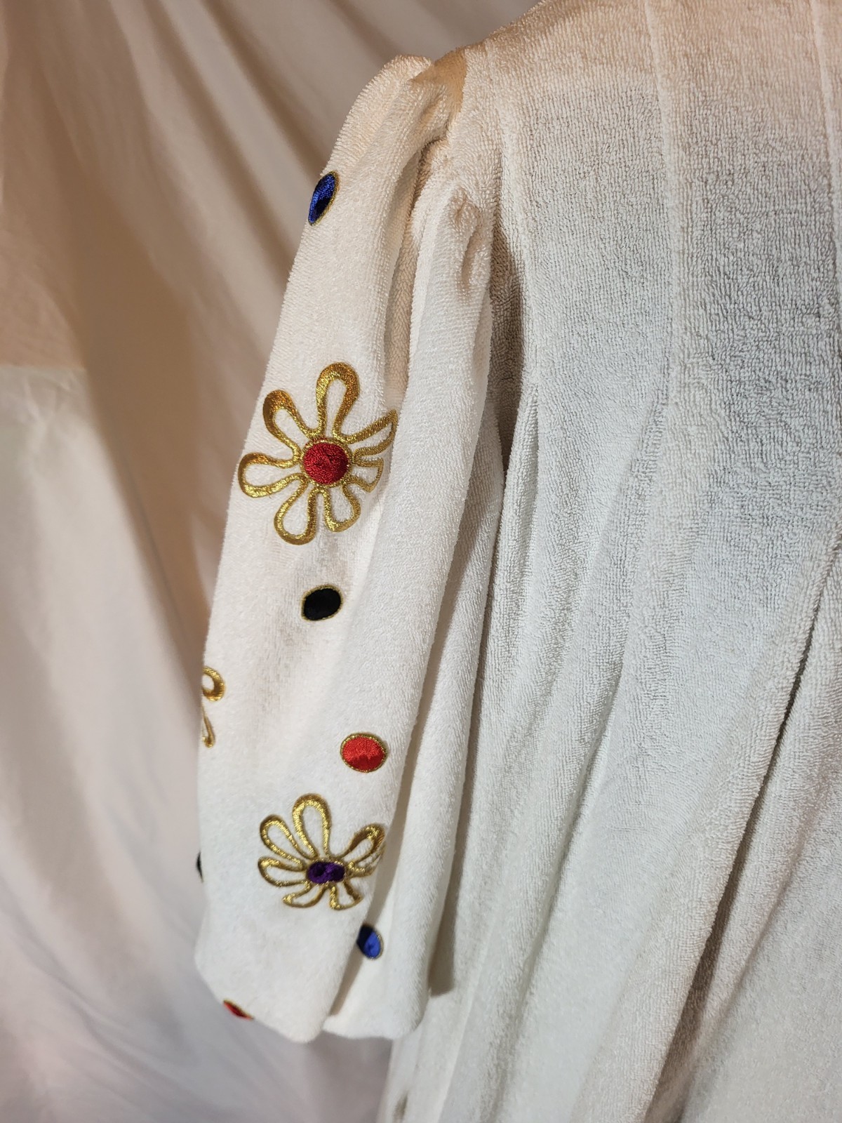 Vintage David Brown Ivory Embroidered Puffed Sleeves Mumu Dress Terrycloth