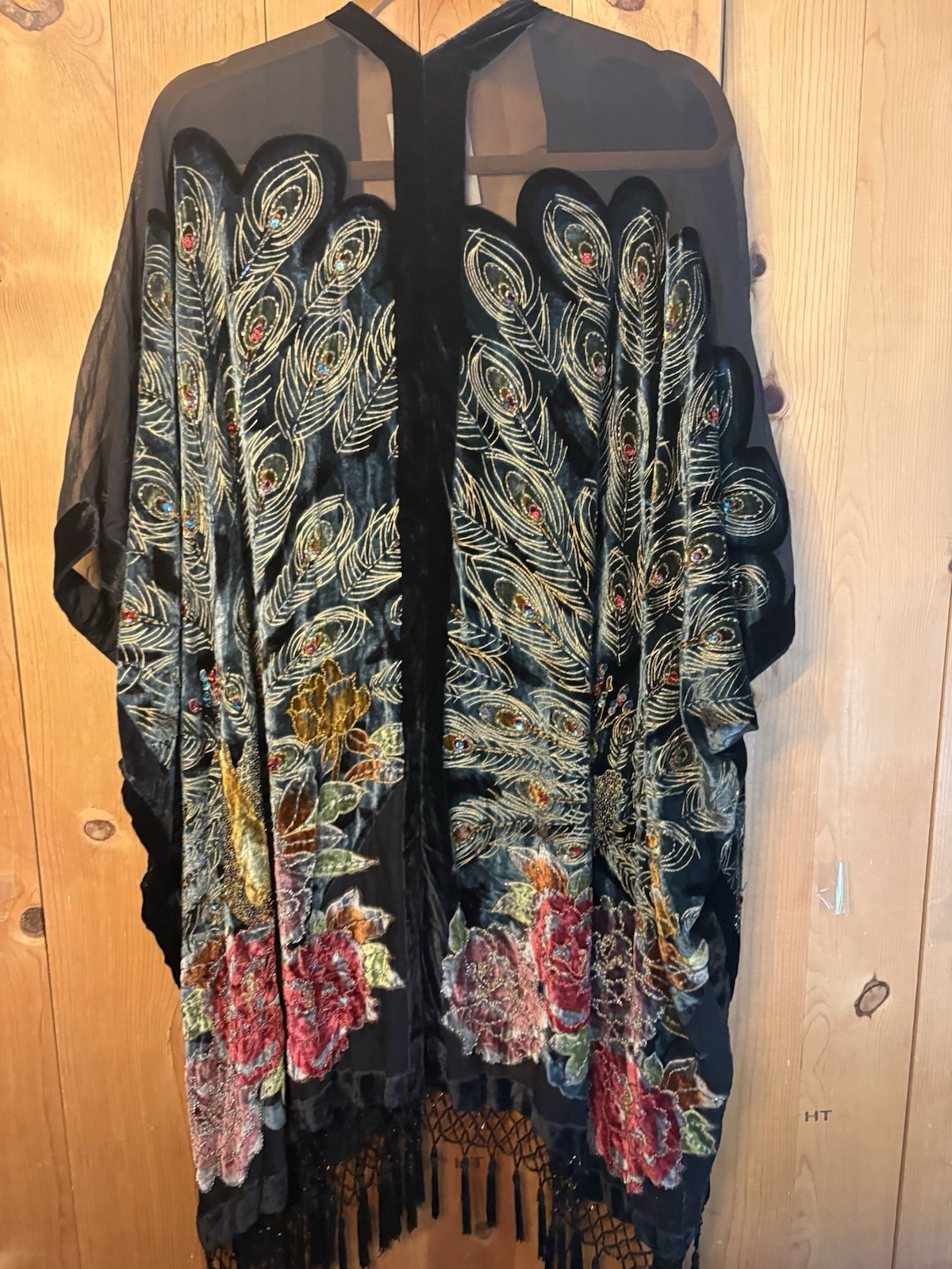 Kimono Duster Jacket Peacock Floral Velvet Beaded Burnout Coverup OS L/XL/1X/2X