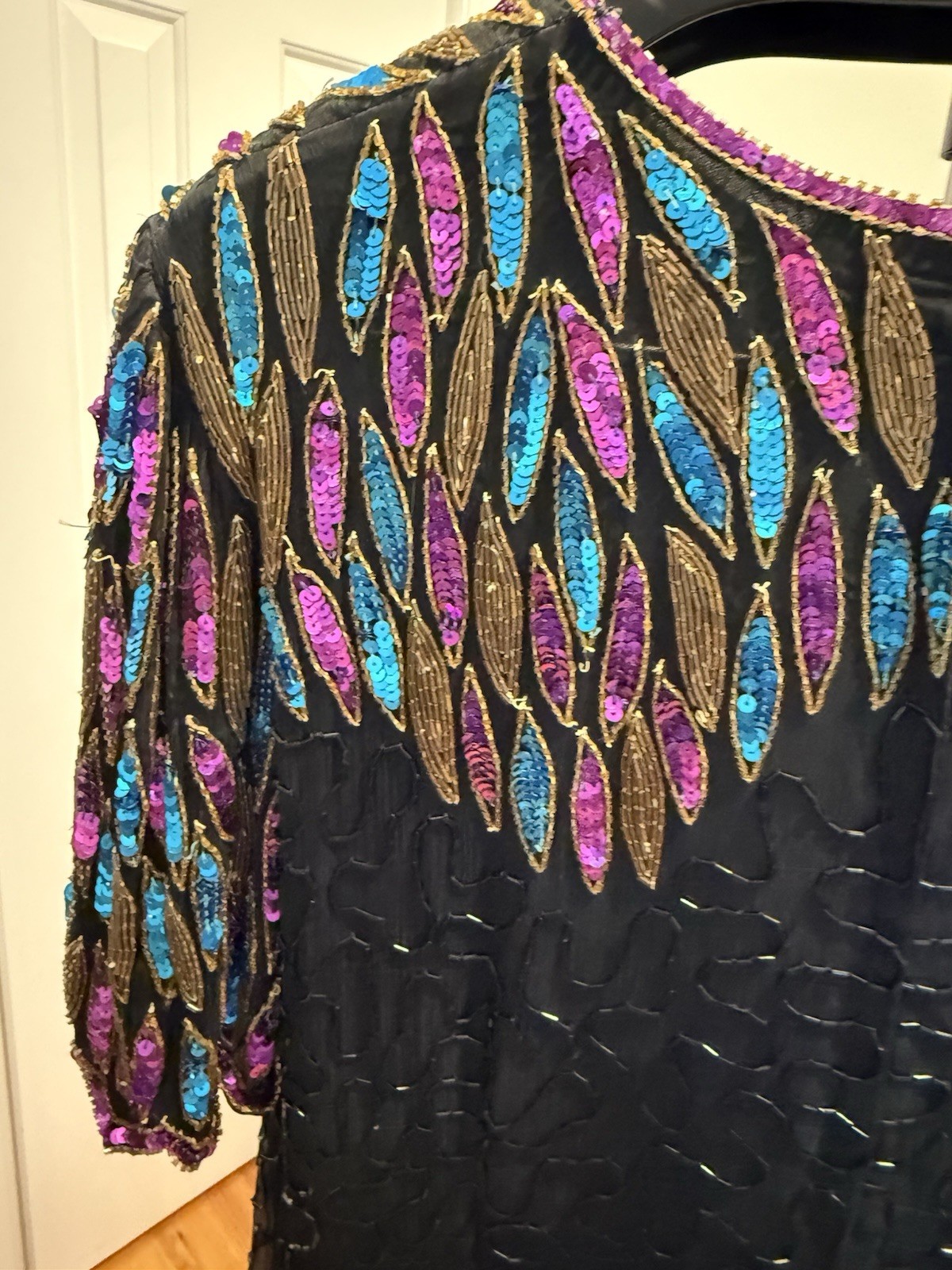 Vintage Stenay Plus Silk Beaded Sequin Dress Size 20 Black 90s Glam Art deco