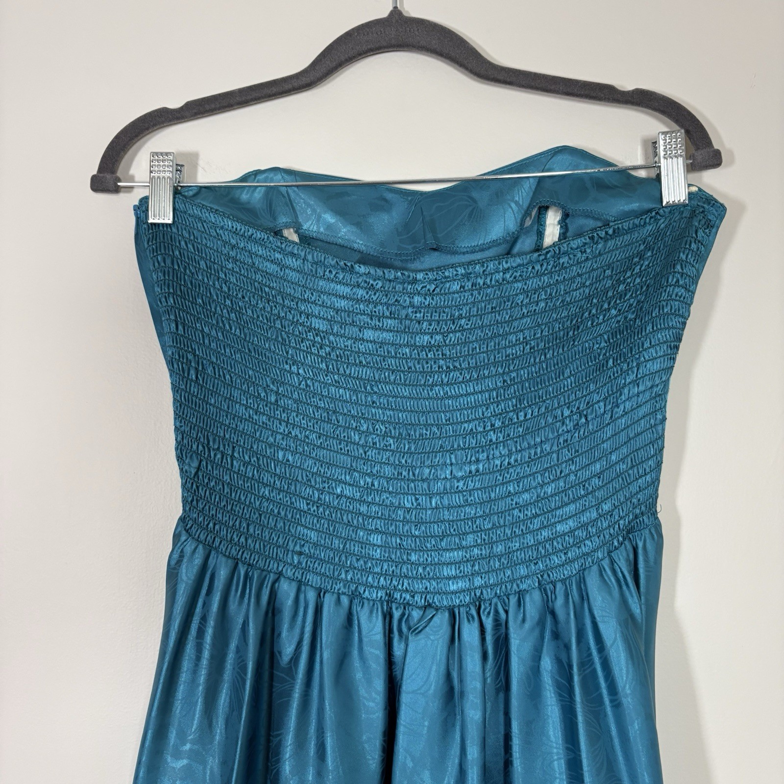 VTG 80s Studio E Teal Floral Brocade Prom Party Dress Strapless Ruched Maxi L