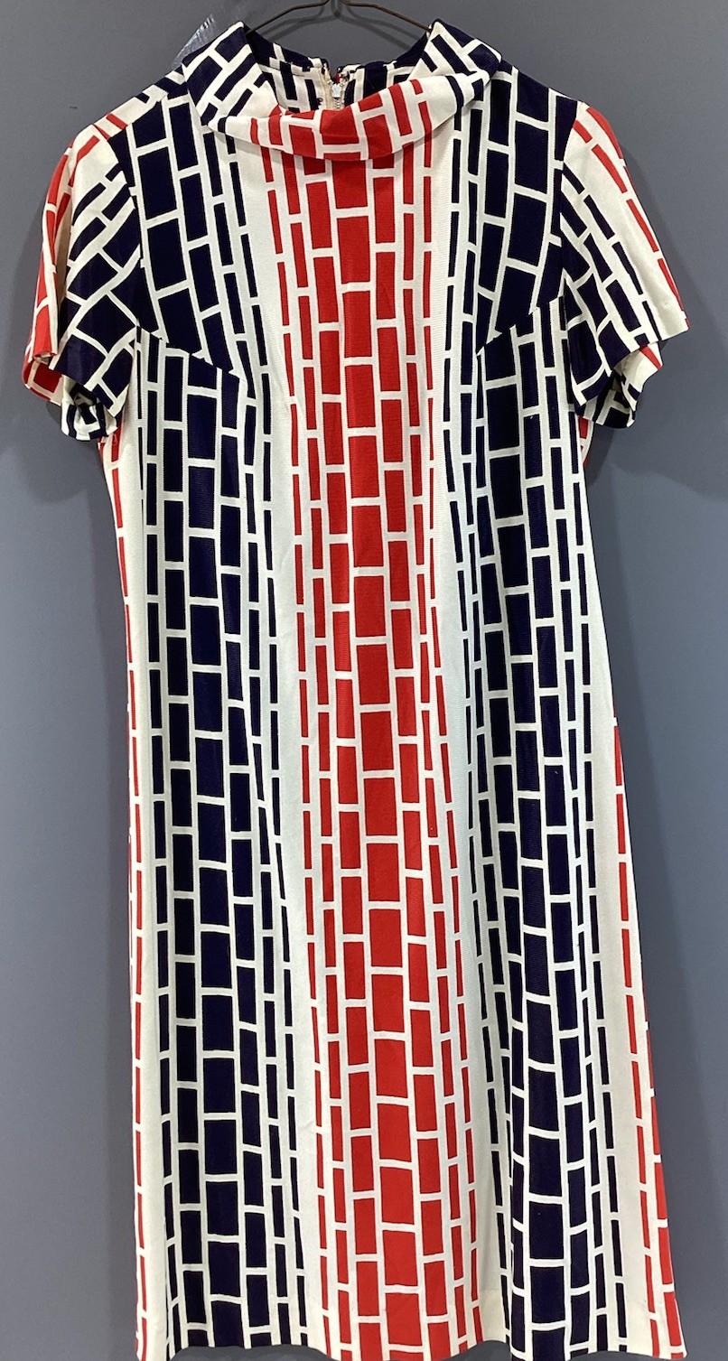 Vintage Toni Todd Day Dress Jersey Knit, Red Blue Geometric Pattern