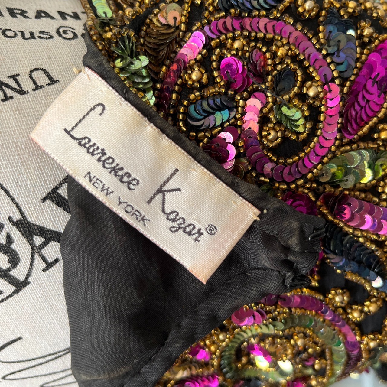 1980s Vintage Lawrence Kazar Sequin & Beaded Black Cocktail Dress Sz: PL