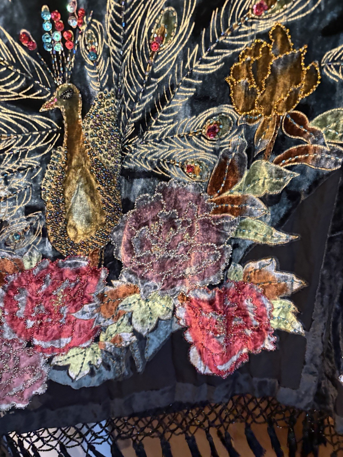 Kimono Duster Jacket Peacock Floral Velvet Beaded Burnout Coverup OS L/XL/1X/2X