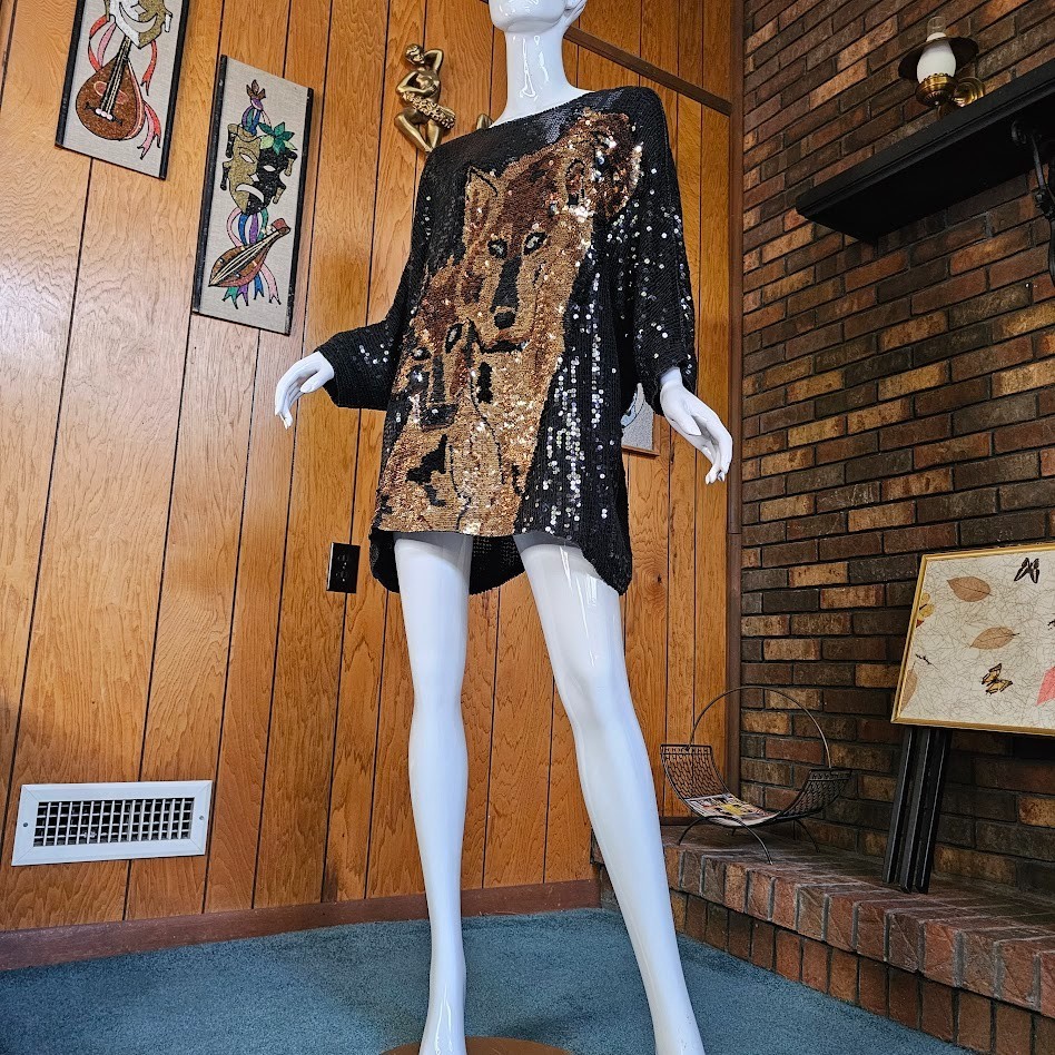 Vintage 80s Disco Panther Sequin Evening Cocktail Party Micro Mini Dress M/L/XL