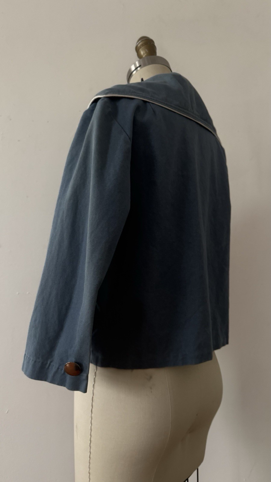 1950s Sailor Collar Cropped Jacket Dusty Blue Rayon Faille Nautical Sportswear