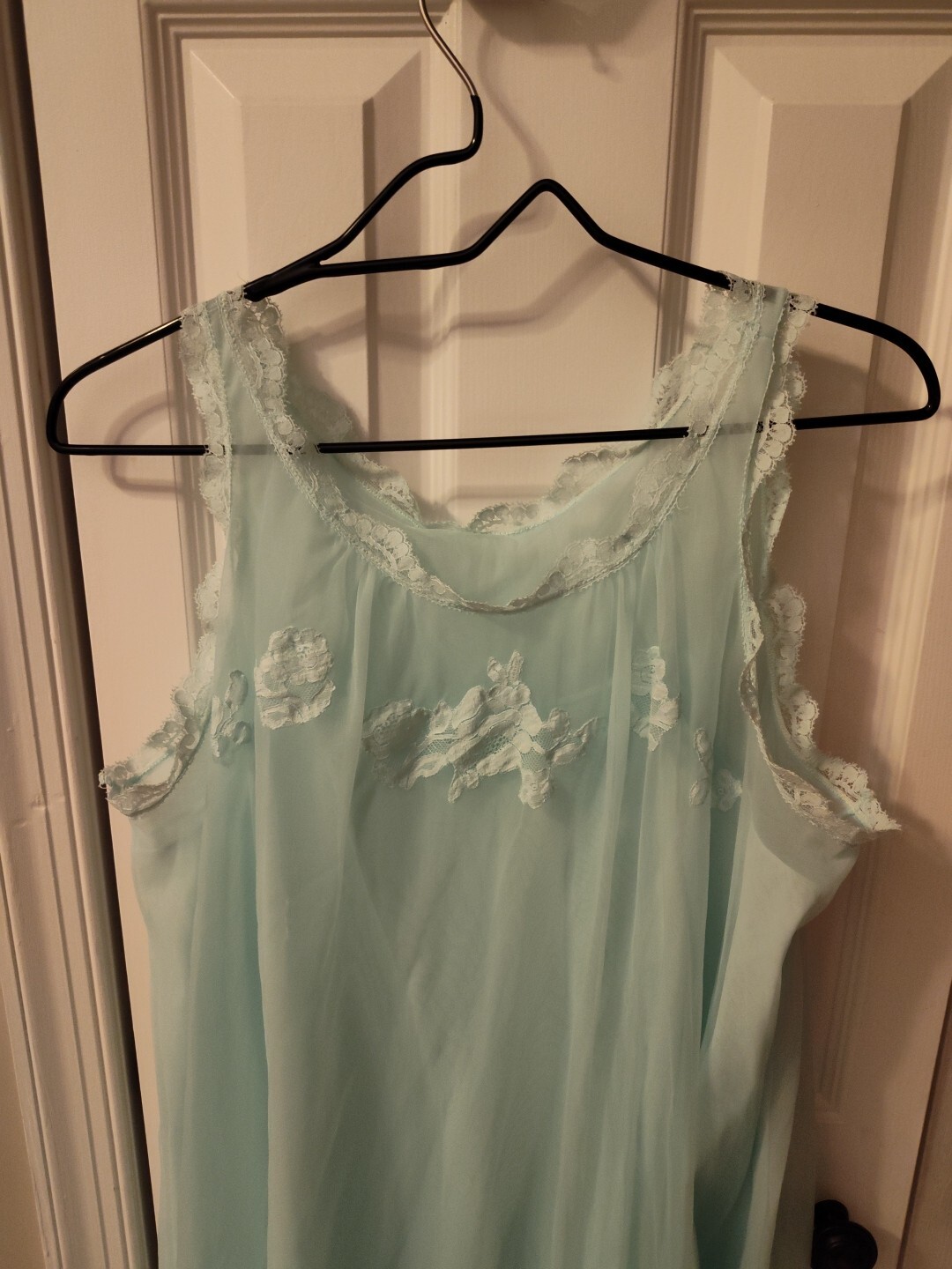Vtg Gossard Artemis Pale Teal Blue Lined Chiffon Lace Babydoll Nightgown L Large