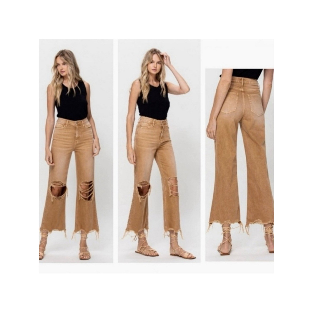 VERVET Leslie 90&rsquo;s Vintage Flare High-Rise Tan Wide-Leg Distressed Jeans Size 25