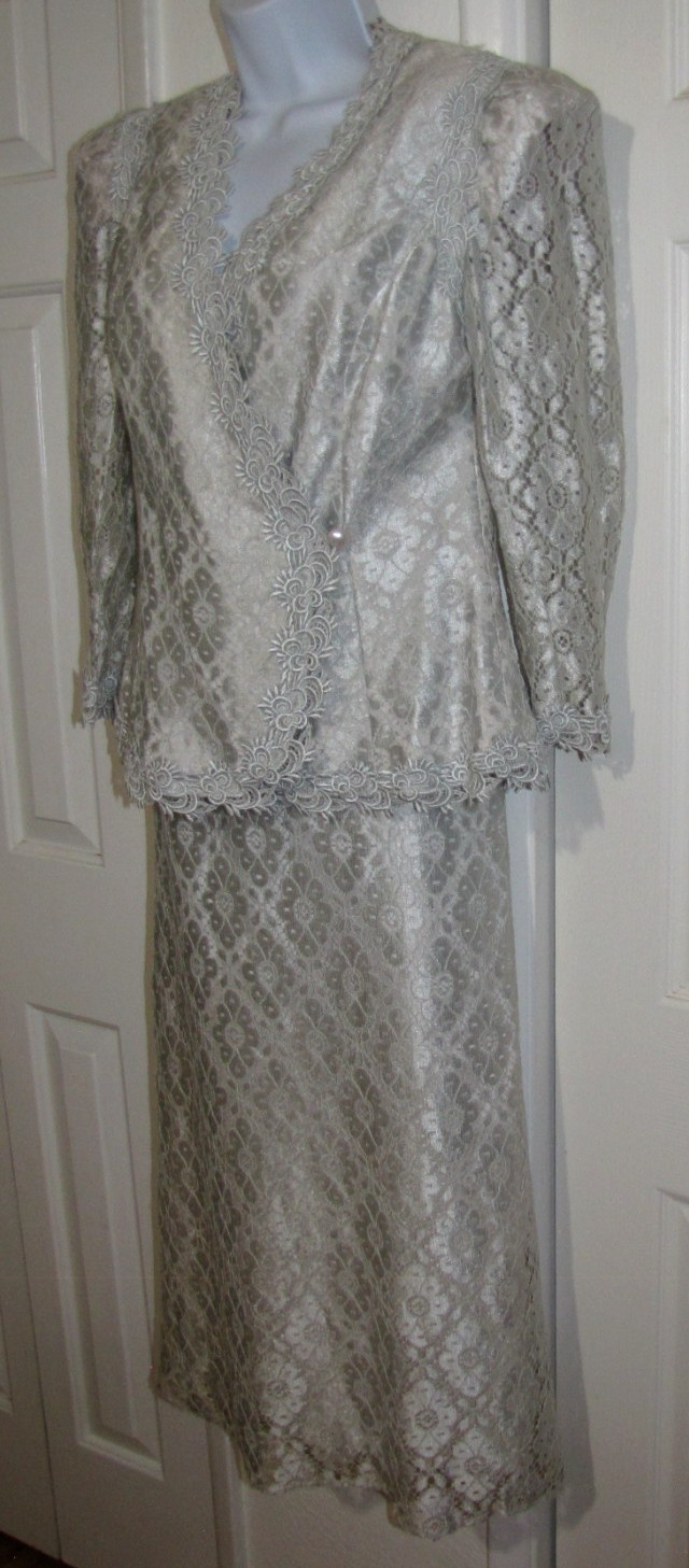 Vtg 80&rsquo;s Cachet 2 Pc.Set Jacket + Maxi Skirt Pale-aqua Lace Lined Women&rsquo;s 9/10