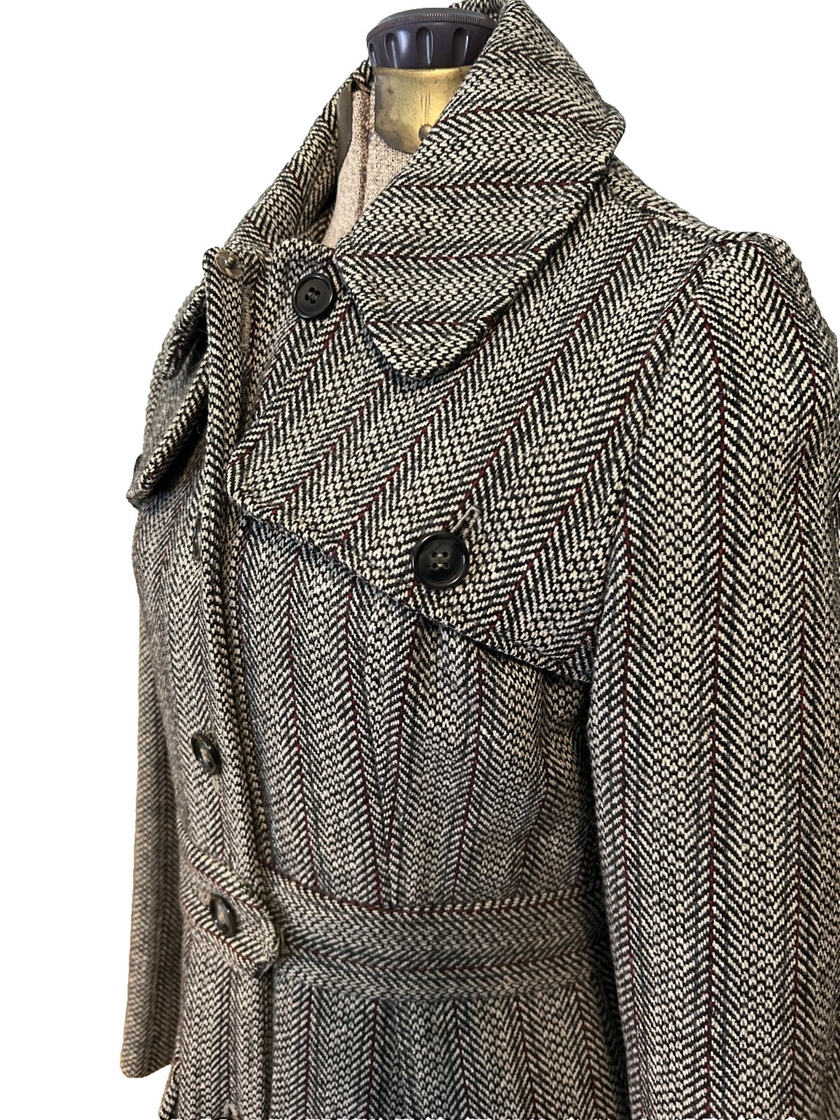 Vintage 1940 Hand-Tailored Herringbone Wool Princess Coat Long Fitted Gorgeous S