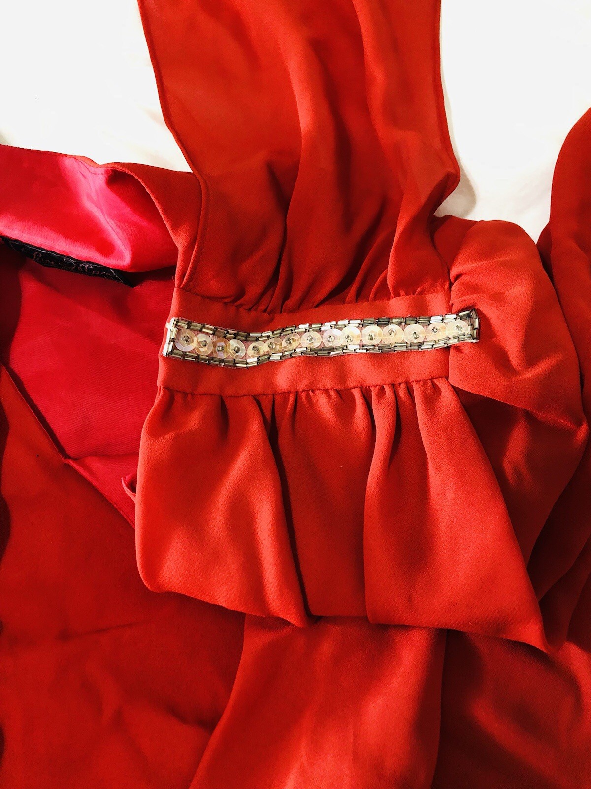 Vintage Lori Max Red Sequins Shoulder Pads V Nick Draped Rear Flowing Scarf Ends