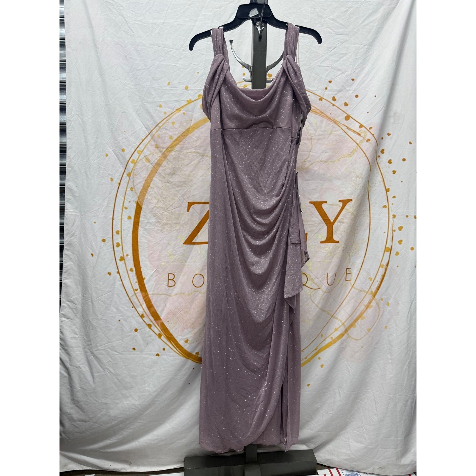 Alex Evenings Petite Cold-Shoulder Draped Metallic Gown – Mauve Pink Size 16