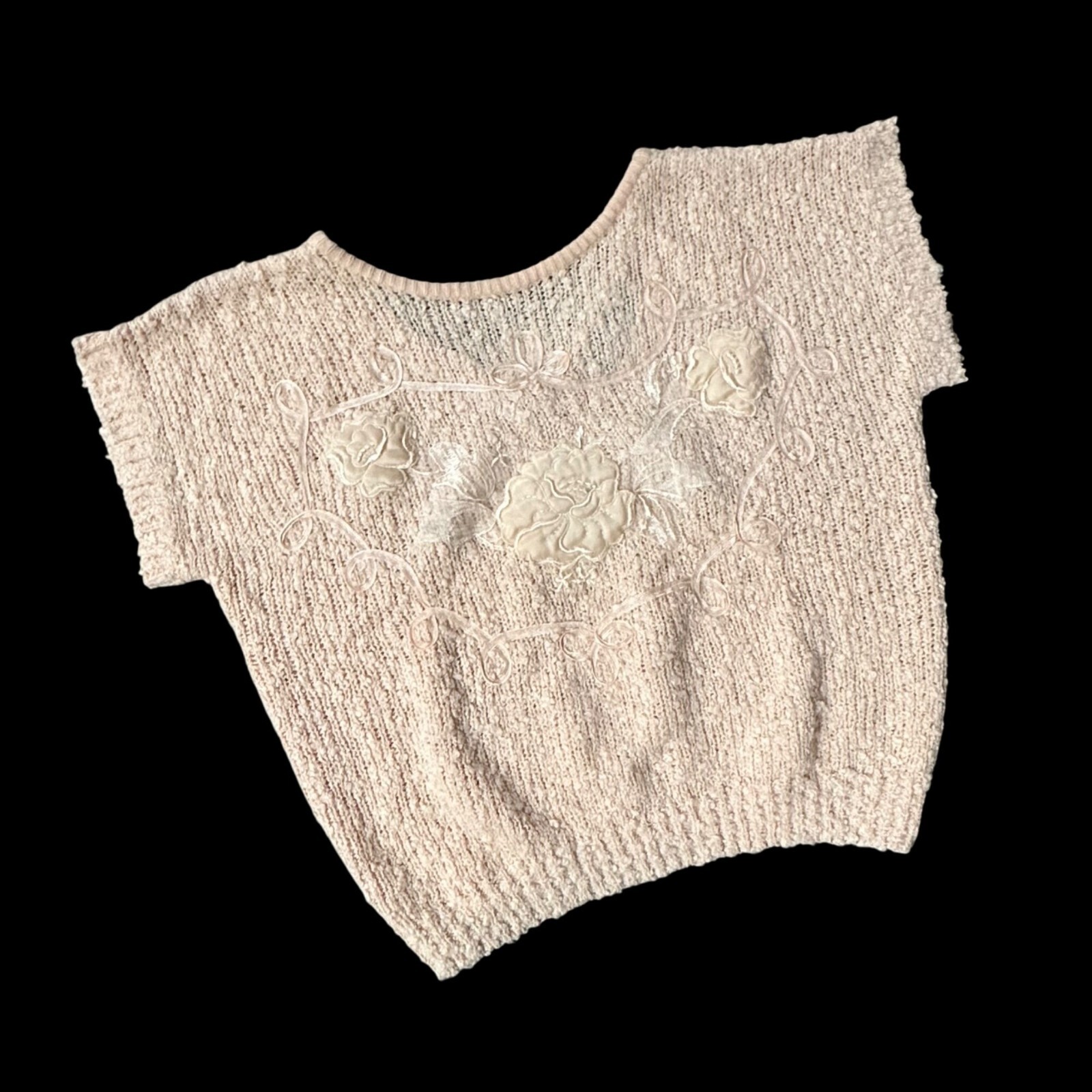 Vintage Peach Short Sleeve Sweater 1980s Yarnworks Floral Applique Large Taiwan